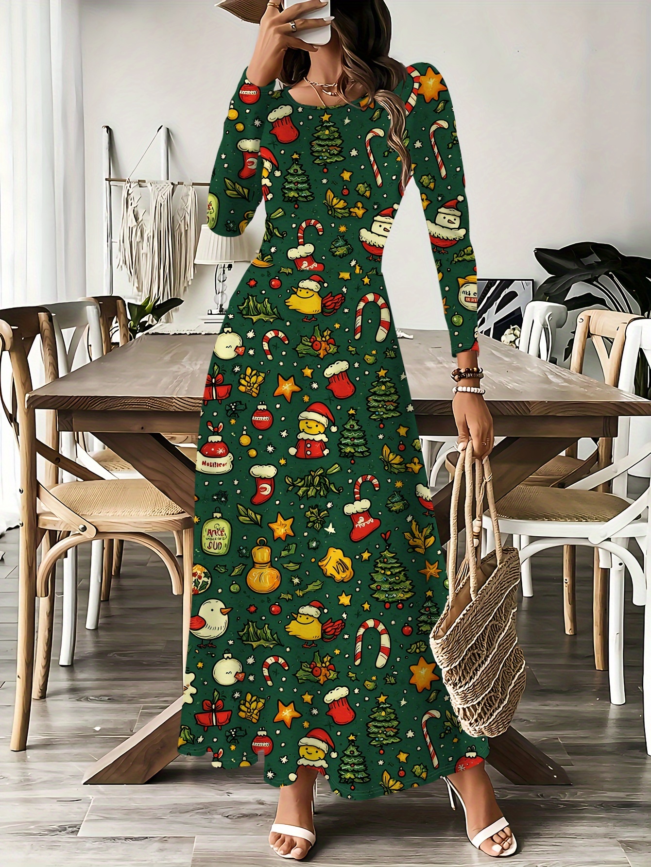elegant christmas themed long sleeve length dress round Temu - Main Image