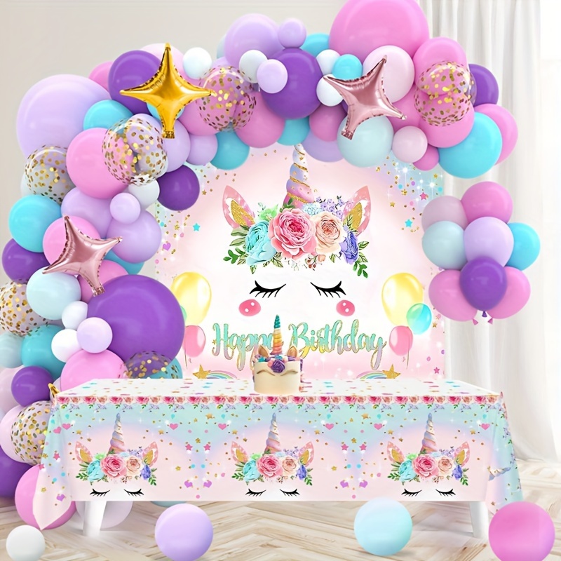 

93pcs, Unicorn Theme Party Decoration Set, Unicorn Backdrop Table Cloth Balloons Decoration Set, Ideal Party Decor For Girls Birthday Party, Princess Party, Suitable For Indoor And Outdoor Decor