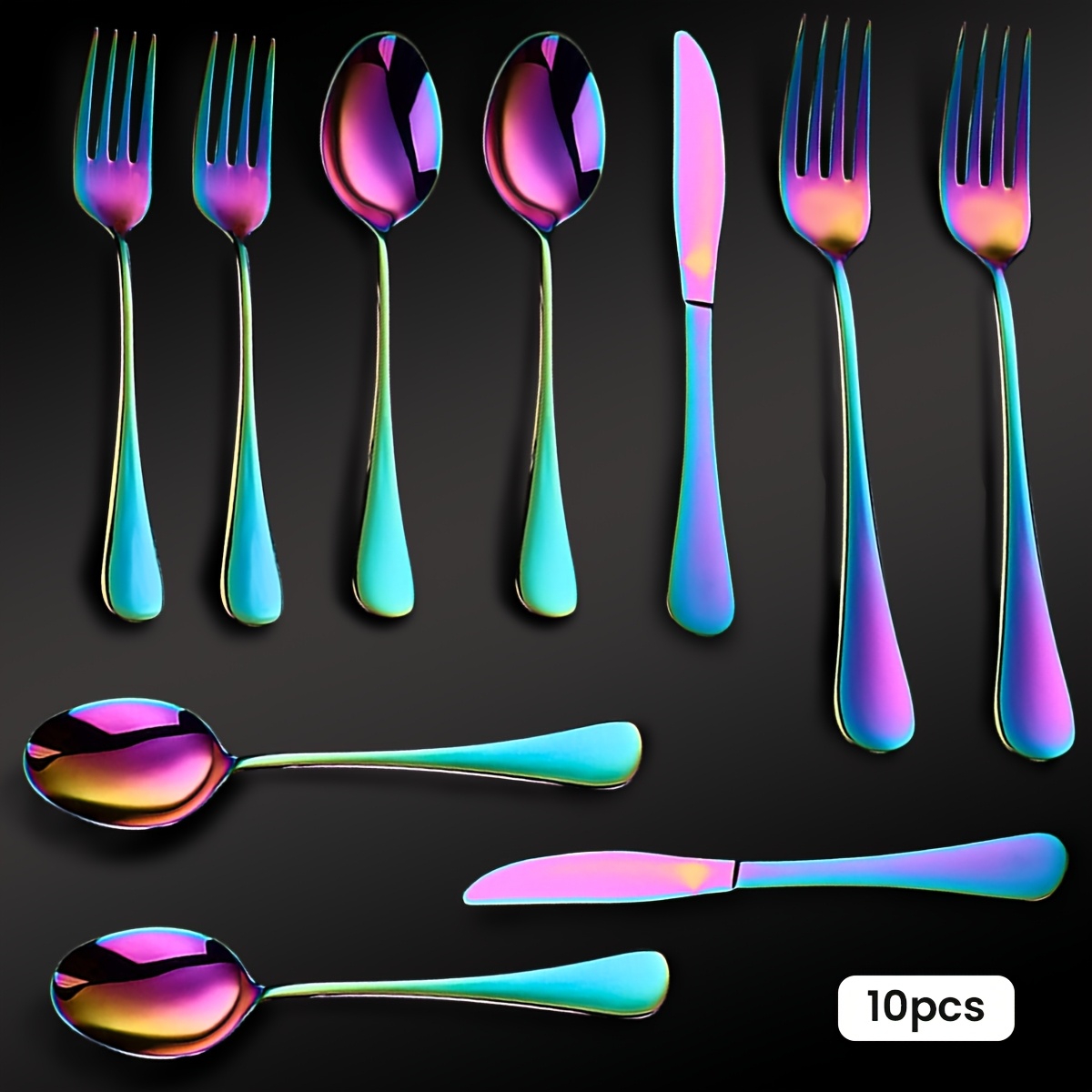 TEMU 10pcs Rainbow Silverware, Stainless Tableware Set, Mirror Polished Rainbow Tableware Set, Rainbow , Rainbow Spoon And Fork Set