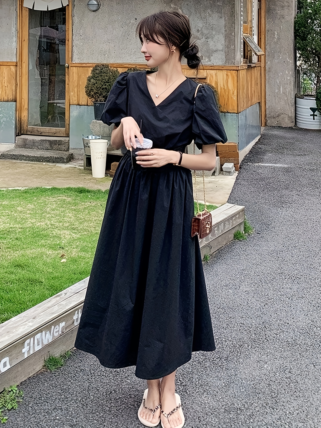 geïnspireerde zwarte zomerjurk met pofmouwen open rug Temu