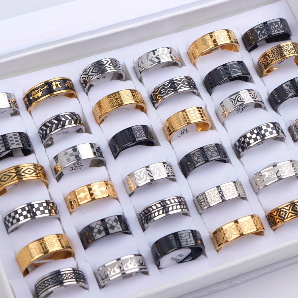 

Pack Of 20 Classic Stainless Steel Rings For Men And Women - Fashionable Trendy Leaf And Checkerboard Design, Versatile For Daily Wear And Party Accessory, No Stone Inlay