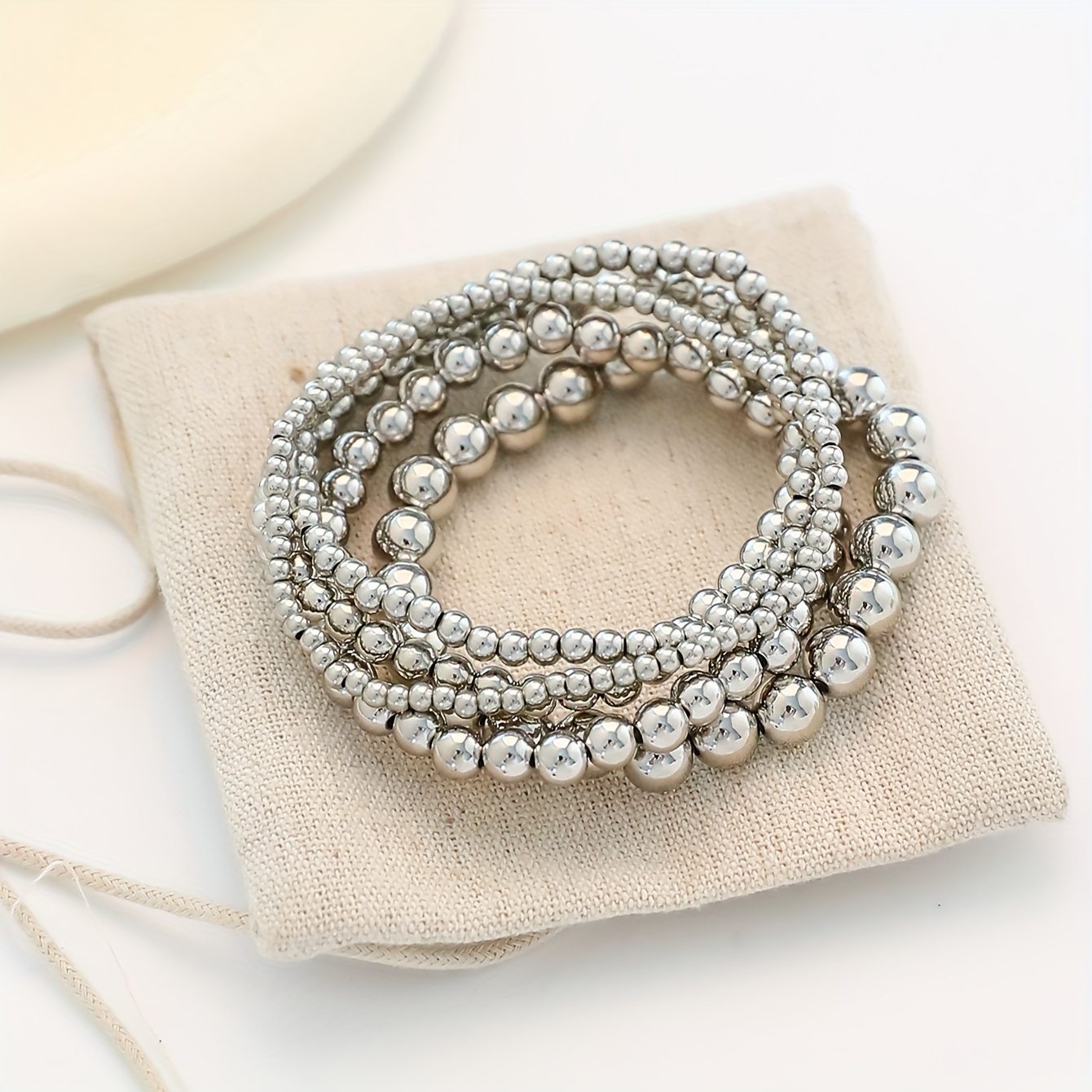 

Elegant & Sexy 5-piece Set Stretch Beaded Bracelets - Plastic Silver-tone Beads, Elastic Band, Versatile Stacking Accessory For Daily & Vacation Wear