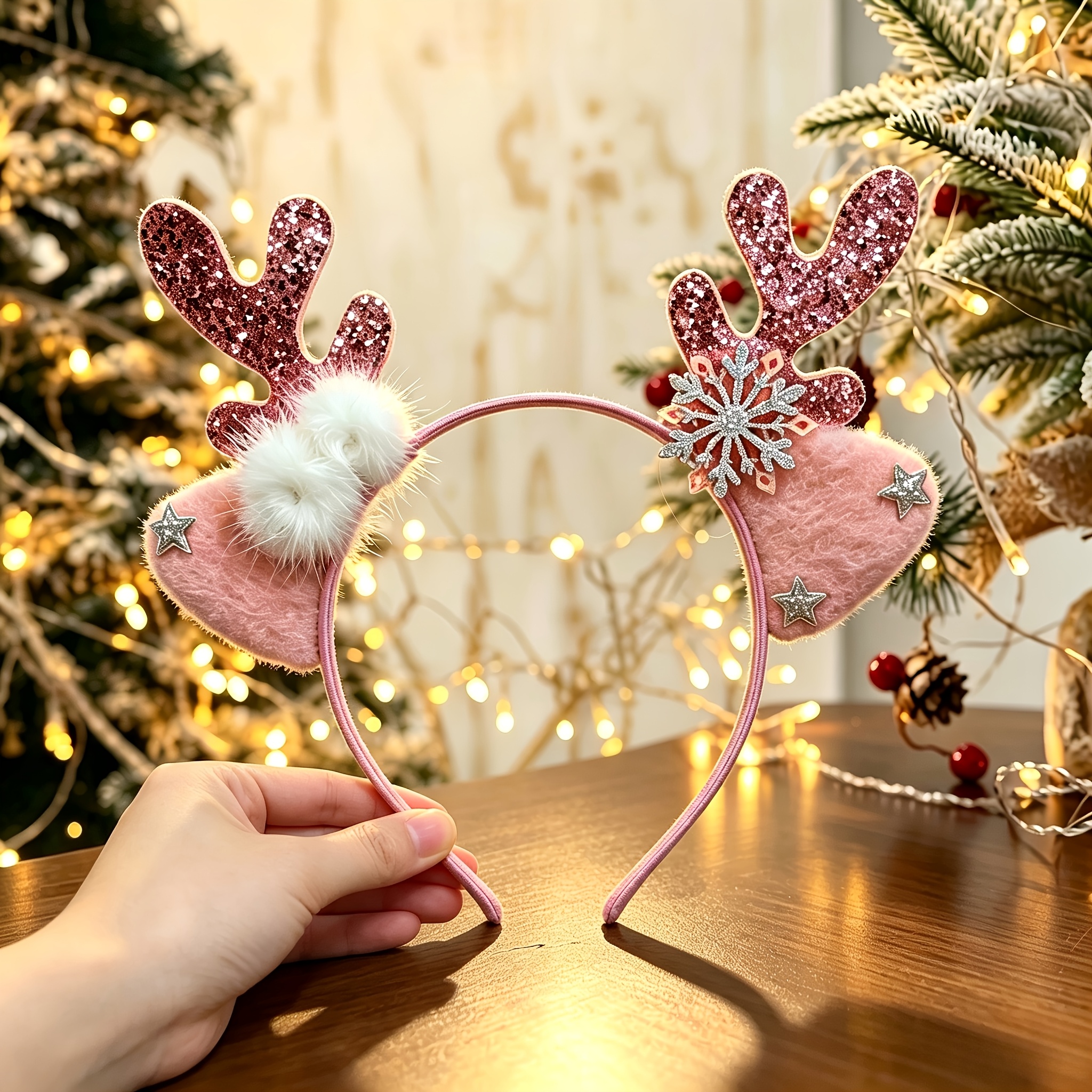 TEMU Festive Christmas Antler Headband, Sparkly Pink Deer Ear Plush Ball Hair Accessory, Holiday Costume/clothing Accessory/gift/new Year's Photo