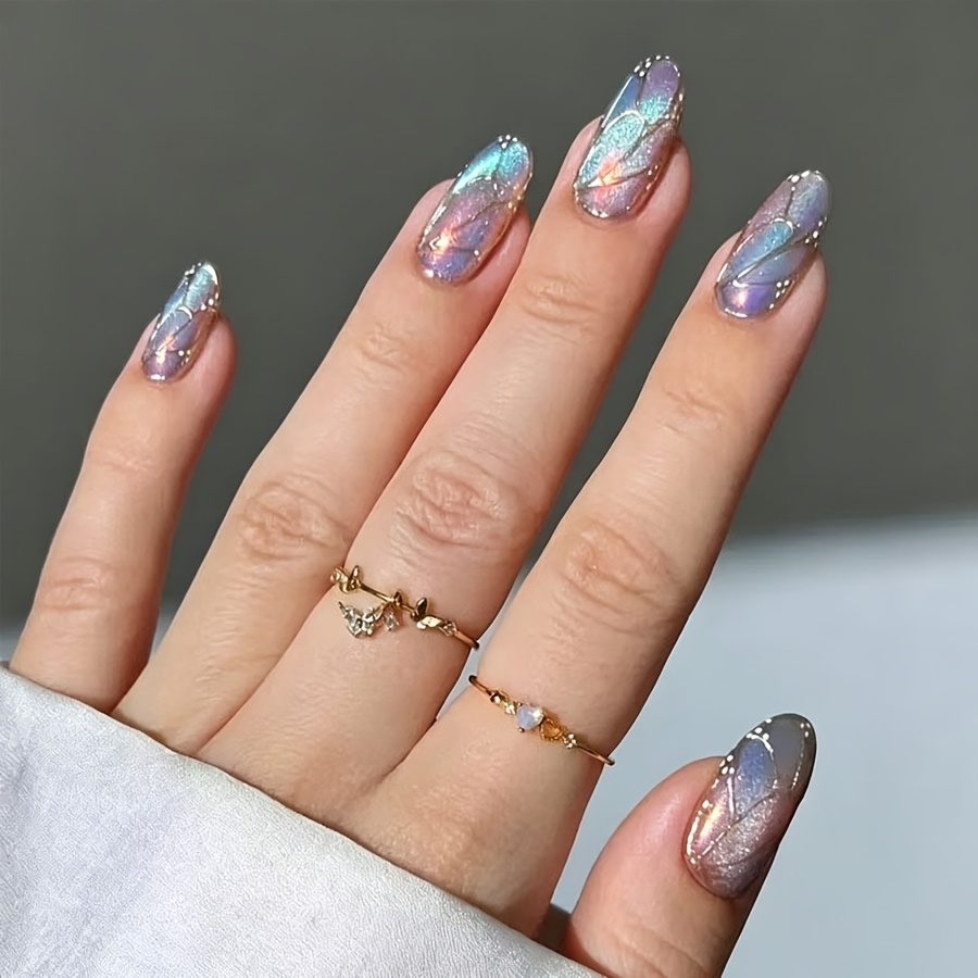 TEMU New Almond-shaped Light Luxury Glittery Blue-purple Gradient Cat-eye Nails With Wing Lines, Colorful Gradient Cat-eye Wing Manicure, Detachable