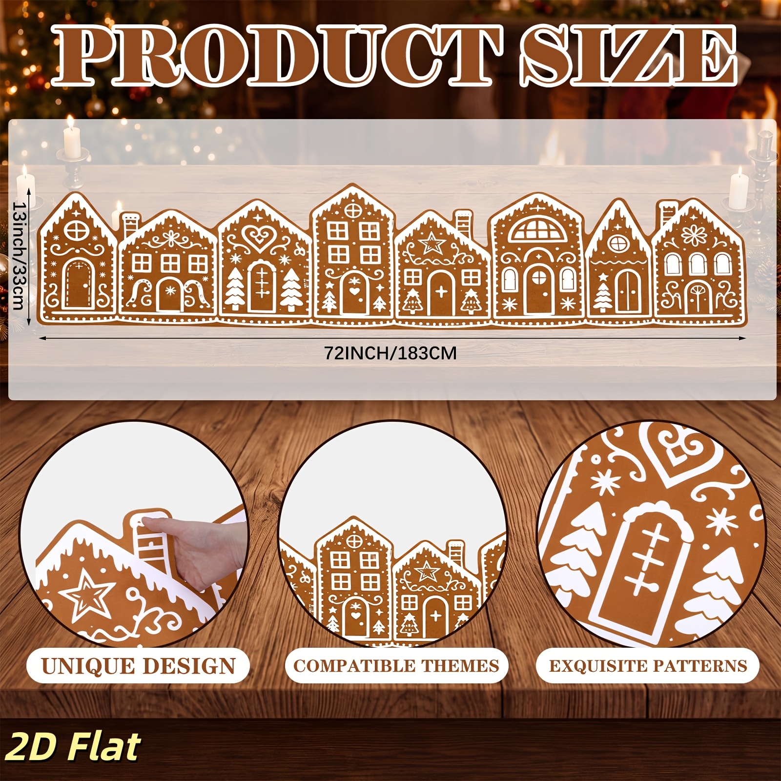 TEMU Table Runner, 1pc, 2d Printed Gingerbread House Cutout Shape Long Strip Pattern, Christmas Party Table Decoration, For Dining Table, Buffet