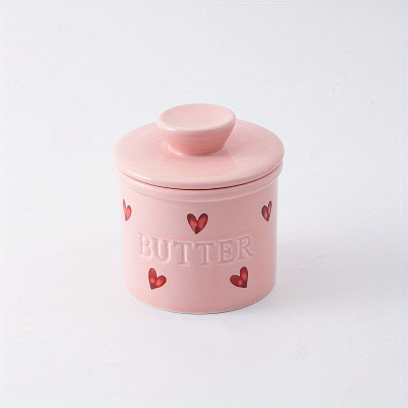 Image of 1pc 140ml/4.7oz Ceramic French With Lid, Cute Pink Heart Ceramic French Butter Dish Keeper To Counter, The Butter & Spreadable