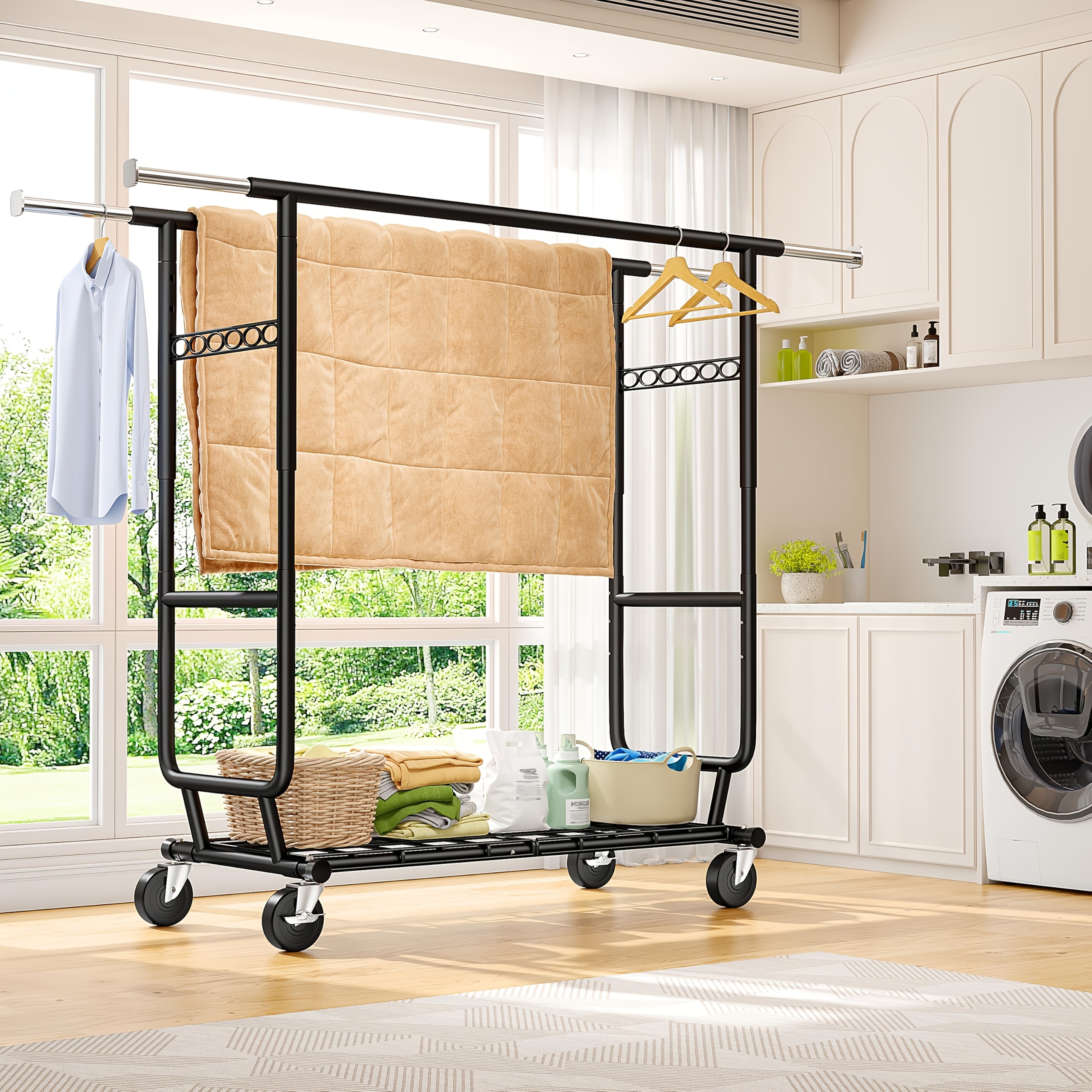 TEMU Heavy Duty Kledingrek voor het Ophangen van Kleding, Verstelbaar, 650LBS Draagvermogen, Dubbel Stang Rollend Kledingrek met 4 Wielen,