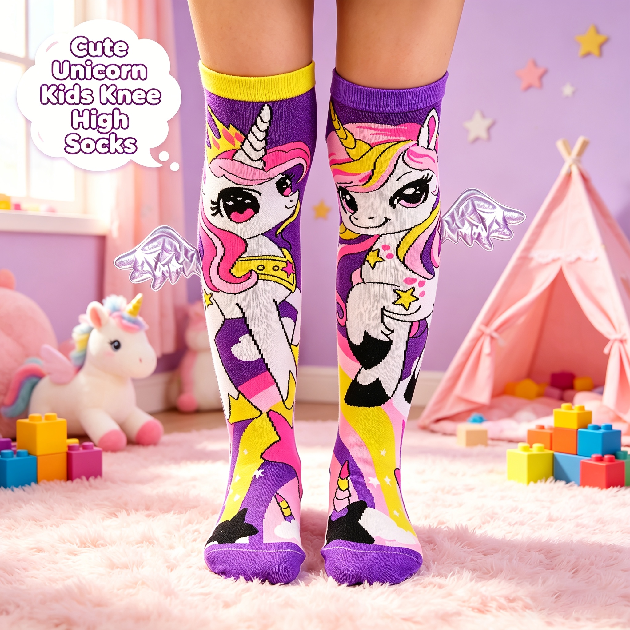 TEMU 1 Pair Of Cartoon 3d Wing Socks - Purple Unicorn Cute 3d Children's Over-the-knee Socks, Fun And 3d Socks, Cartoon Flying Unicorn Pattern Socks,