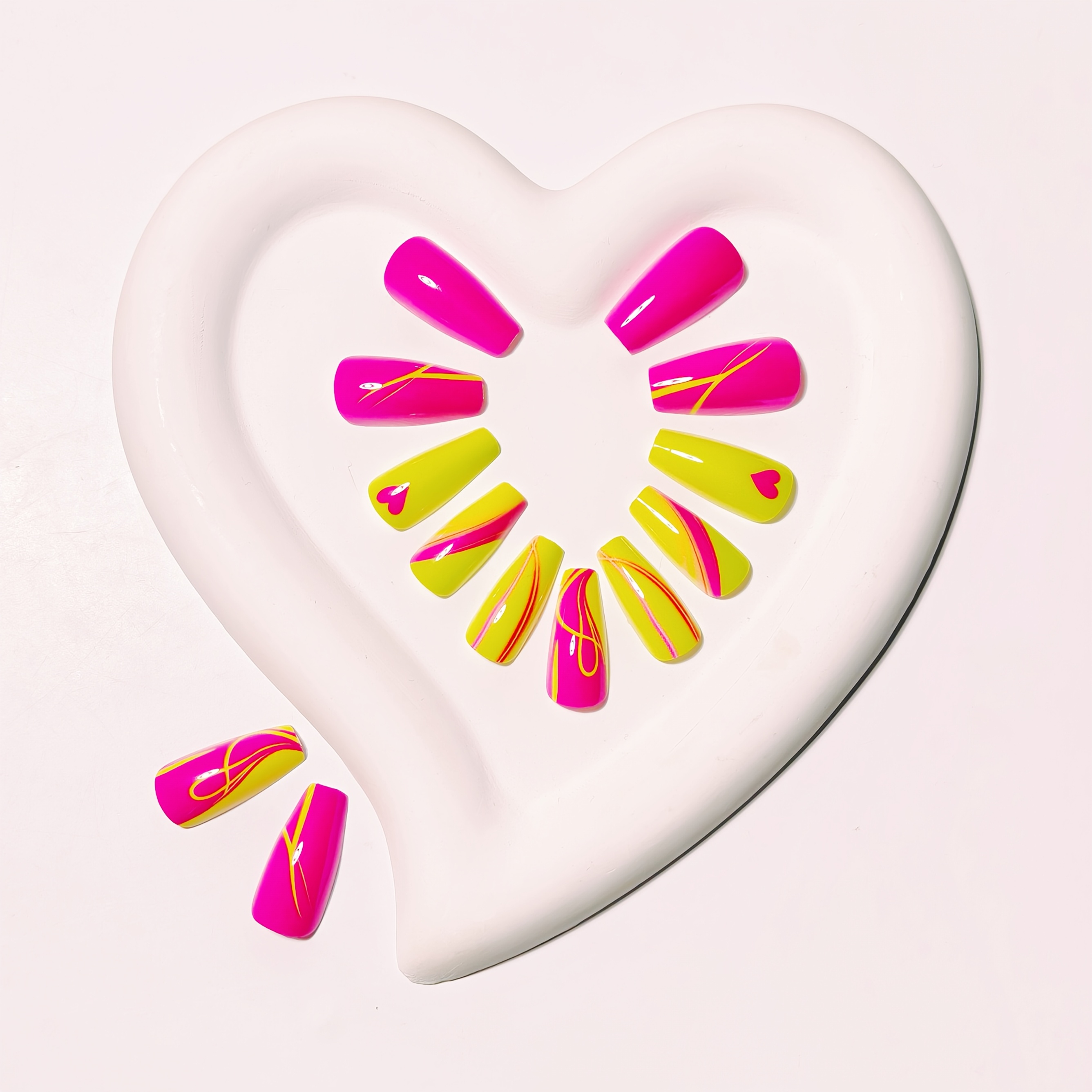 24pcs Ballet Shape Press-On Nails - Neon Pink & Yellow Glossy Finish with Heart & Swirl Designs, Medium Length Reusable Fake Nails for Parties, Events, Bold Fashion Statements, Ballet Accessories, Party Accessories, Durable Pressons