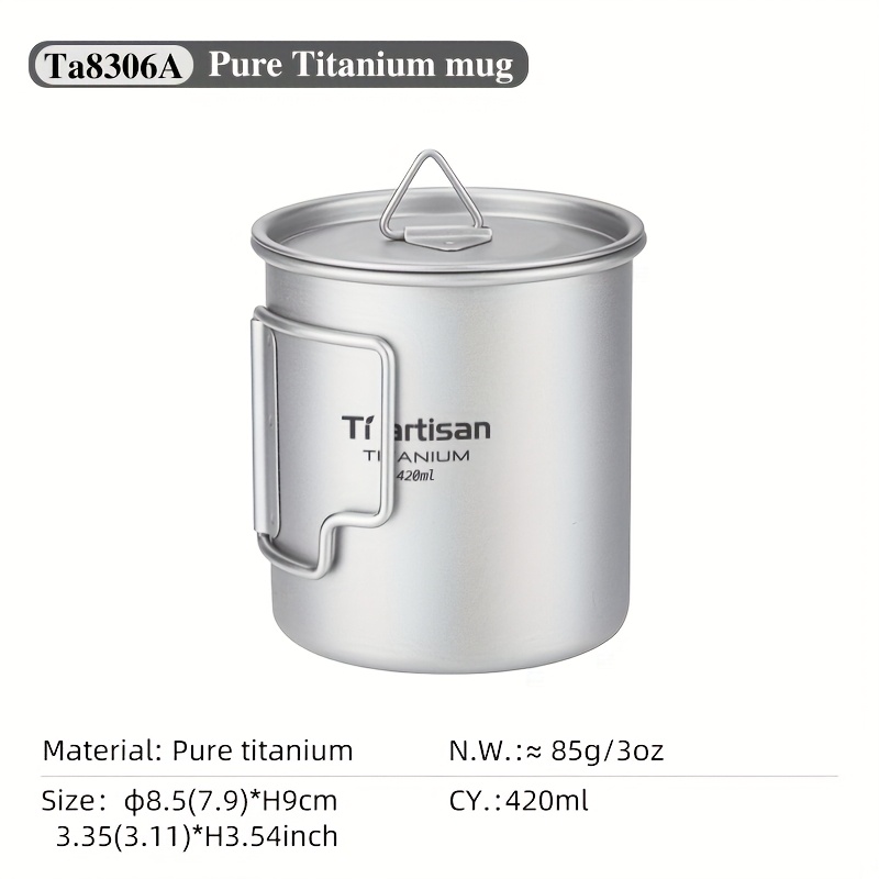 Image of 1pc Tiartisan Pure Titanium Outdoor Camping Mug | 420ml Folding Handle Wide Mouth Teacup With Lid, Lightweight Portable, Includes Storage Mesh , Heat And Cold Resistant, Ideal For Direct Flame Heating