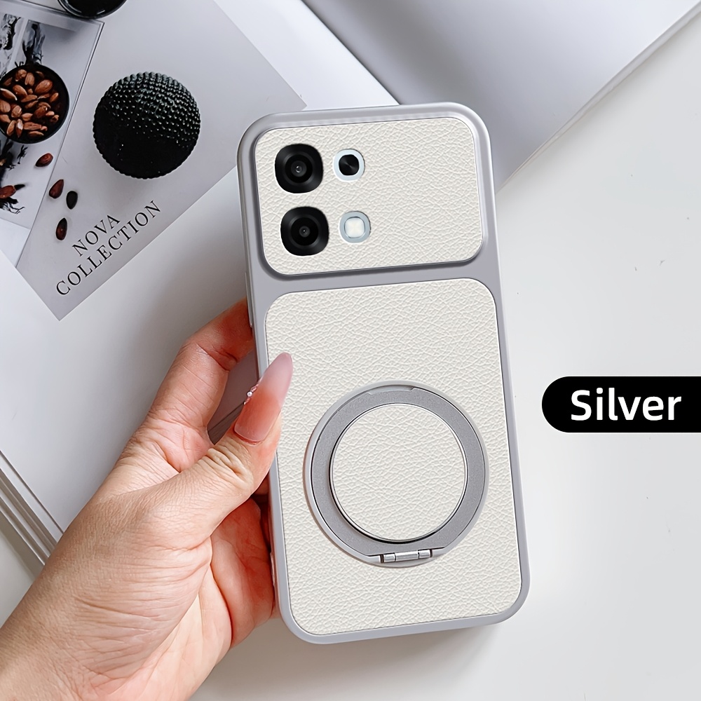 TEMU Phone Case - New Arrival 360° Rotatable Ring Kickstand Skin-feel Faxu Leather Phone Case For Oppo A6 Pro 5g, Shockproof Protective Shell With