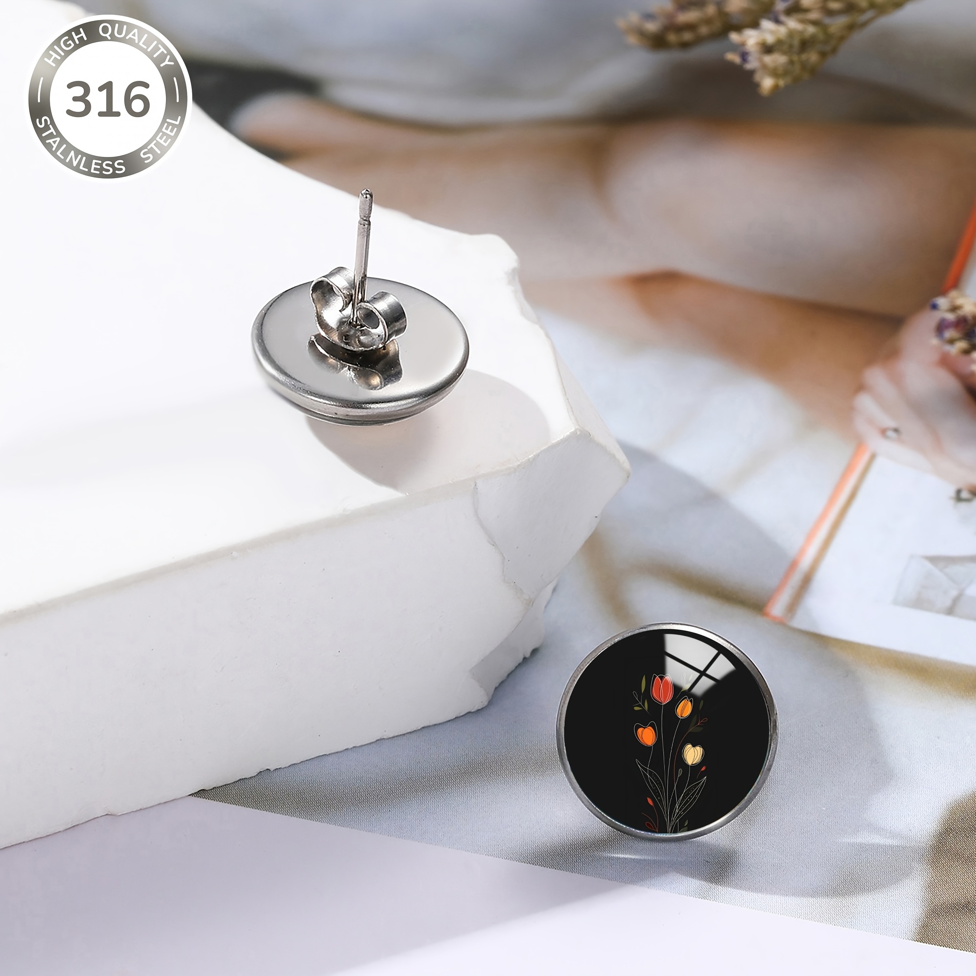 316 Stainless Steel Four-Tulip Pattern Stud Earrings, Unisex