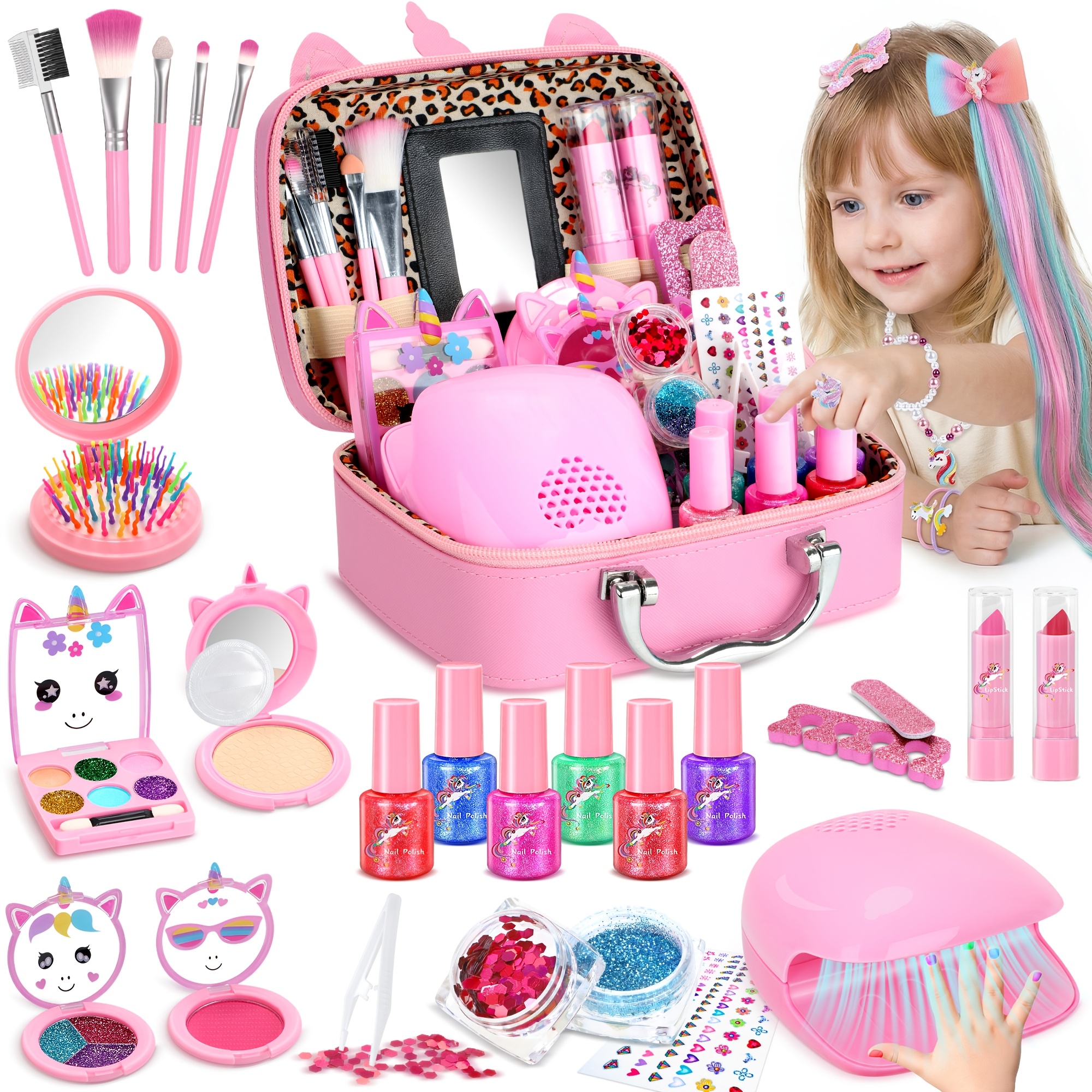 Kids Makeup Set for Girls, Non-Toxic Washable Complete Play Cosmetic Kit  with Nail Polish, Jewelry And Hair Additions, Princess Dress Up Toy,  Birthday Christmas Pretend Gift for Age 3 4 *+