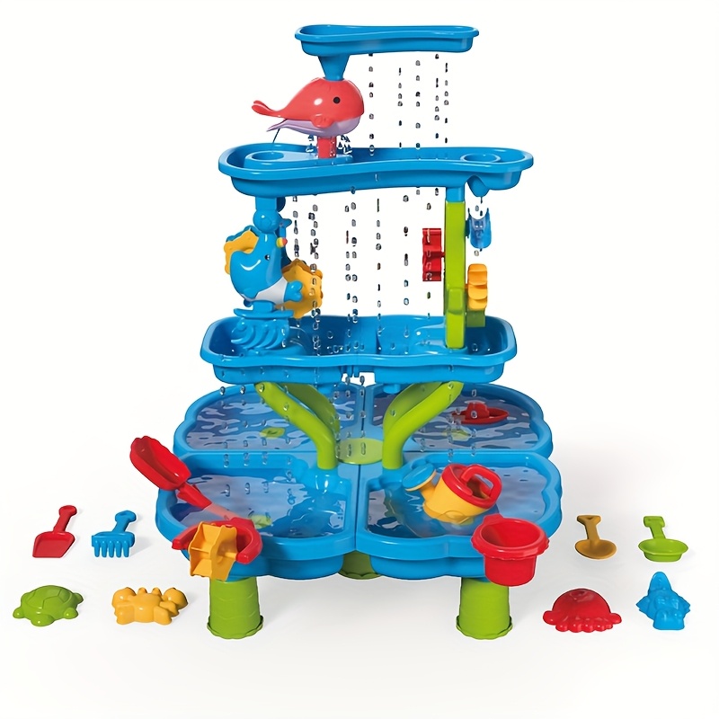 TEMU 3/4 Tier Kids Sand And Water Table, 3-in-1 Sensory Play Table With Shovels, Buckets, Molds & Rake, Playset For Backyard & Beach