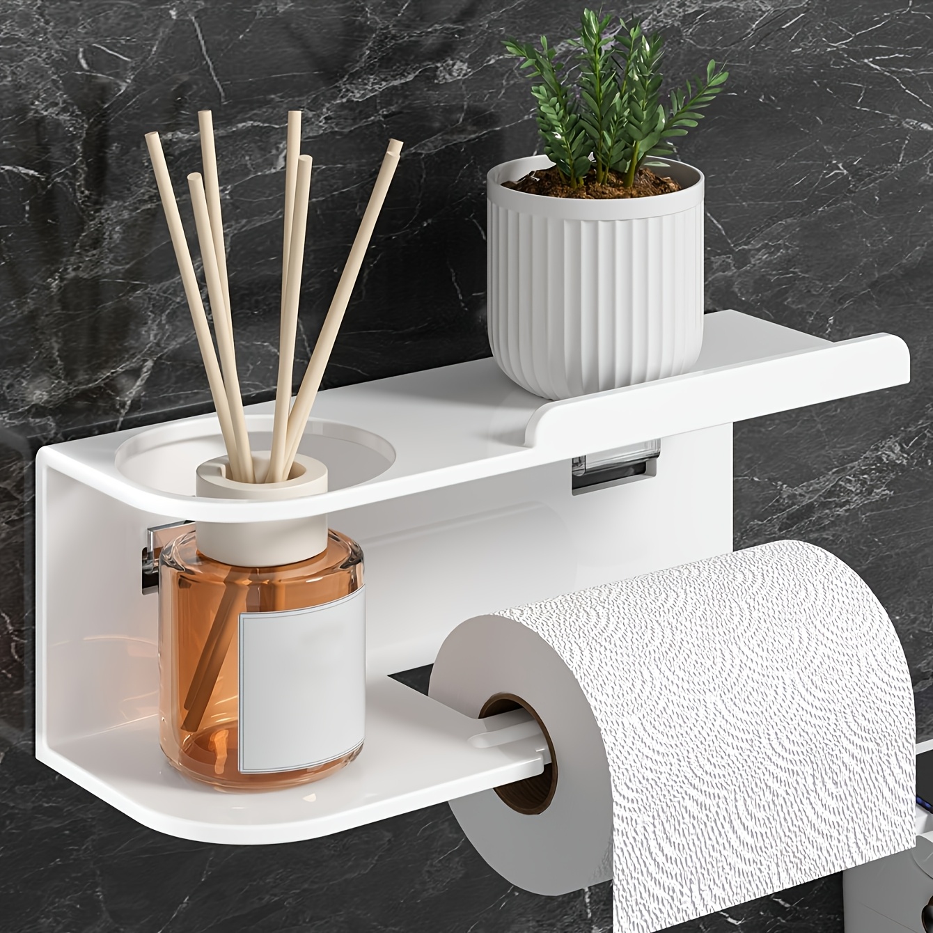 TEMU Ldq Modern Black Self-adhesive Wall-mounted Tissue Holder & Perfume Organizer - Space-saving No Drill Installation, Sleek Storage Shelf For