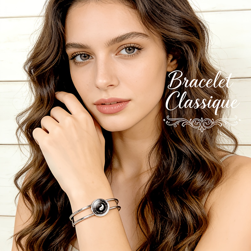 Women's Adjustable Open Bangle with Tai Chi Symbol