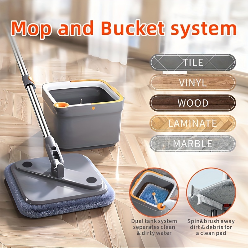 spin mop and bucket set with self     water   mop bucket self wringing 360 rotating   mop head for hardwood tile marble floors mop set with 2pads details 0