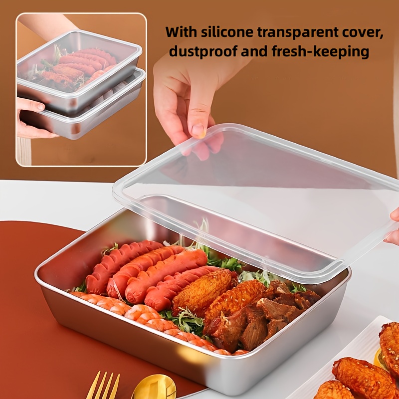 

4pcs Stainless Steel Covered Trays, 9.84in X 7.87in - Multifunctional Refrigerator Fresh-keeping Boxes, Vegetable Preparation Tray