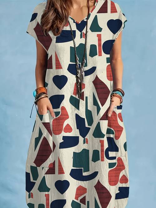 geometric printed dress imitation linen texture v neck short sleeved dress drop shoulder knee casual dress