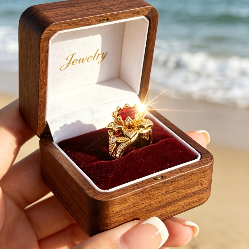 TEMU Women's Fashionable Lotus-shaped Red Synthetic Zirconia Ring, Featuring An Oval Center Stone And Multi-layered Three-dimensional Lotus Petals In