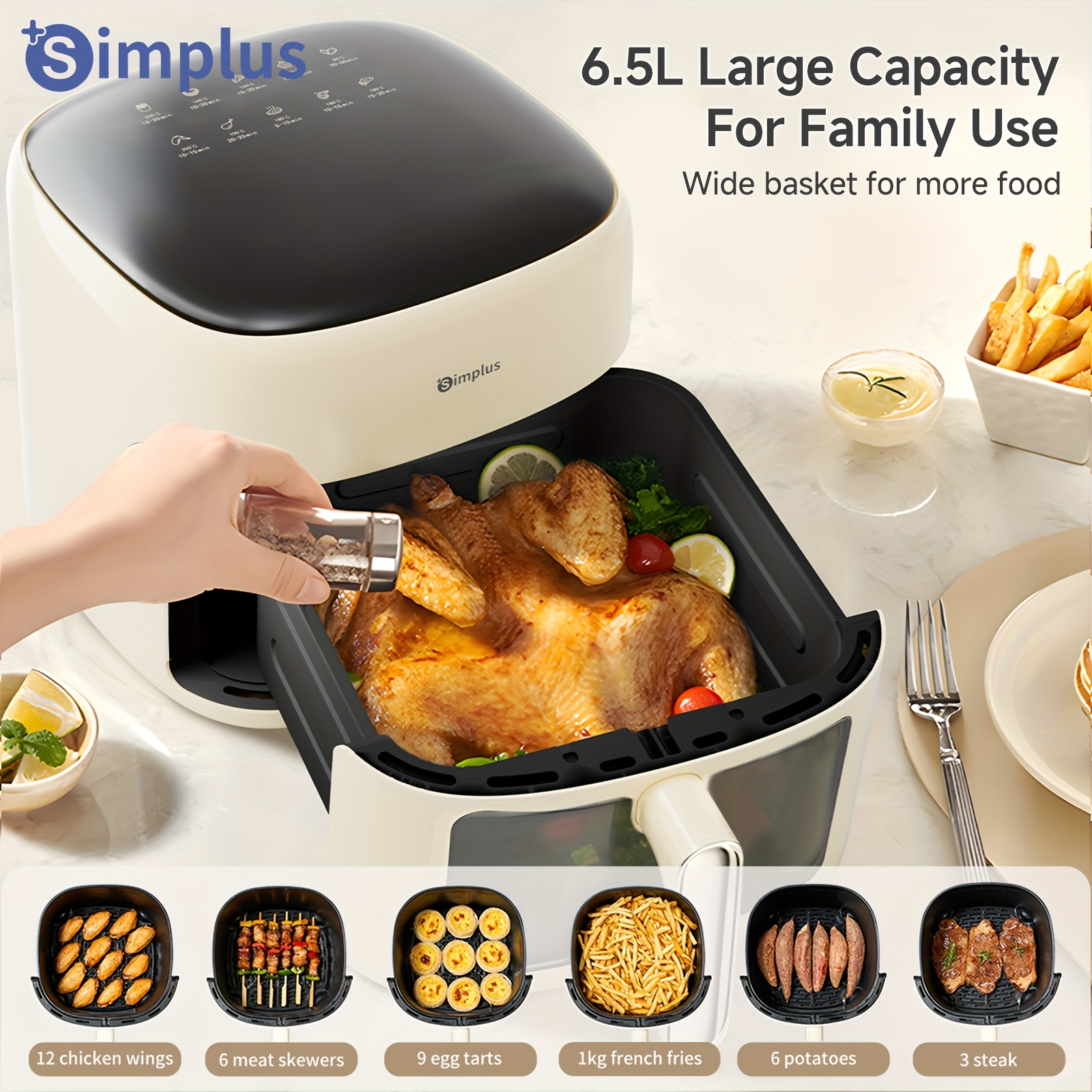 Image of The Simplus Air Fryer Has A Spacious 6.5l Capacity, Suitable For 5 To 8 Individuals. Compact For And Features A Window Along With Holographic Lcd Touch Screen For Use. It With 10 Pre