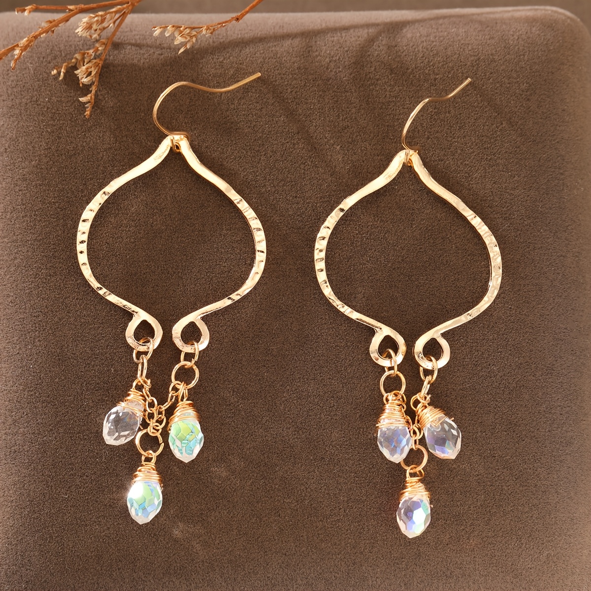TEMU Retro Style Handmade Hollow Gourd Shaped Wire-wrapped Iridescent Water Drop Women's Earrings Suitable For Vacation Leisure Entertainment Evening
