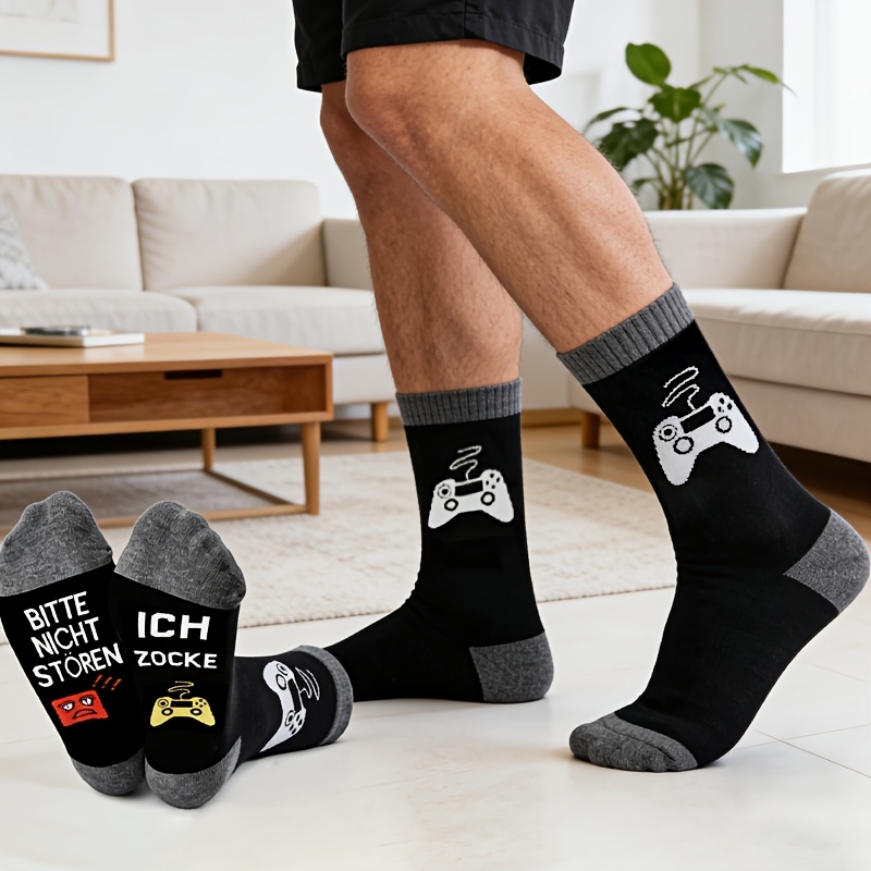 Image of 1 Pair Men's Comfortable Soft Sweat-absorbent Breathable Cotton Mid-tube Socks Funny Game Socks Gift With "bitte Nicht Ich Zocke" Is Gift For Game Lovers (black)