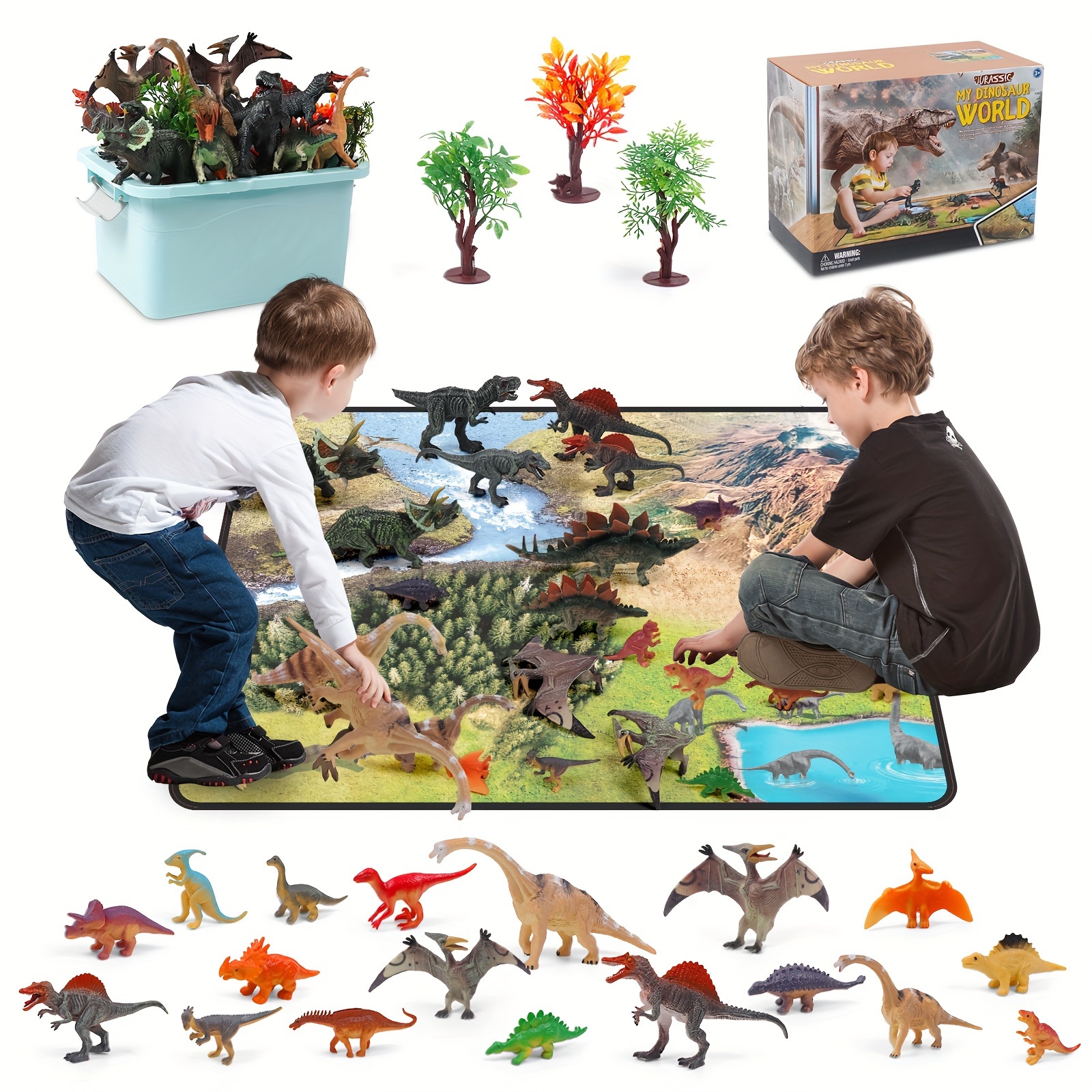 

33pcs Dinosaurs And Mat Game Playset, Including Storage Box, 24 Dinosaur Models, 7 Decorations And Large Non-woven Mat, Pretended Play Toy Kit, Gift For Children Over 3 Years Old