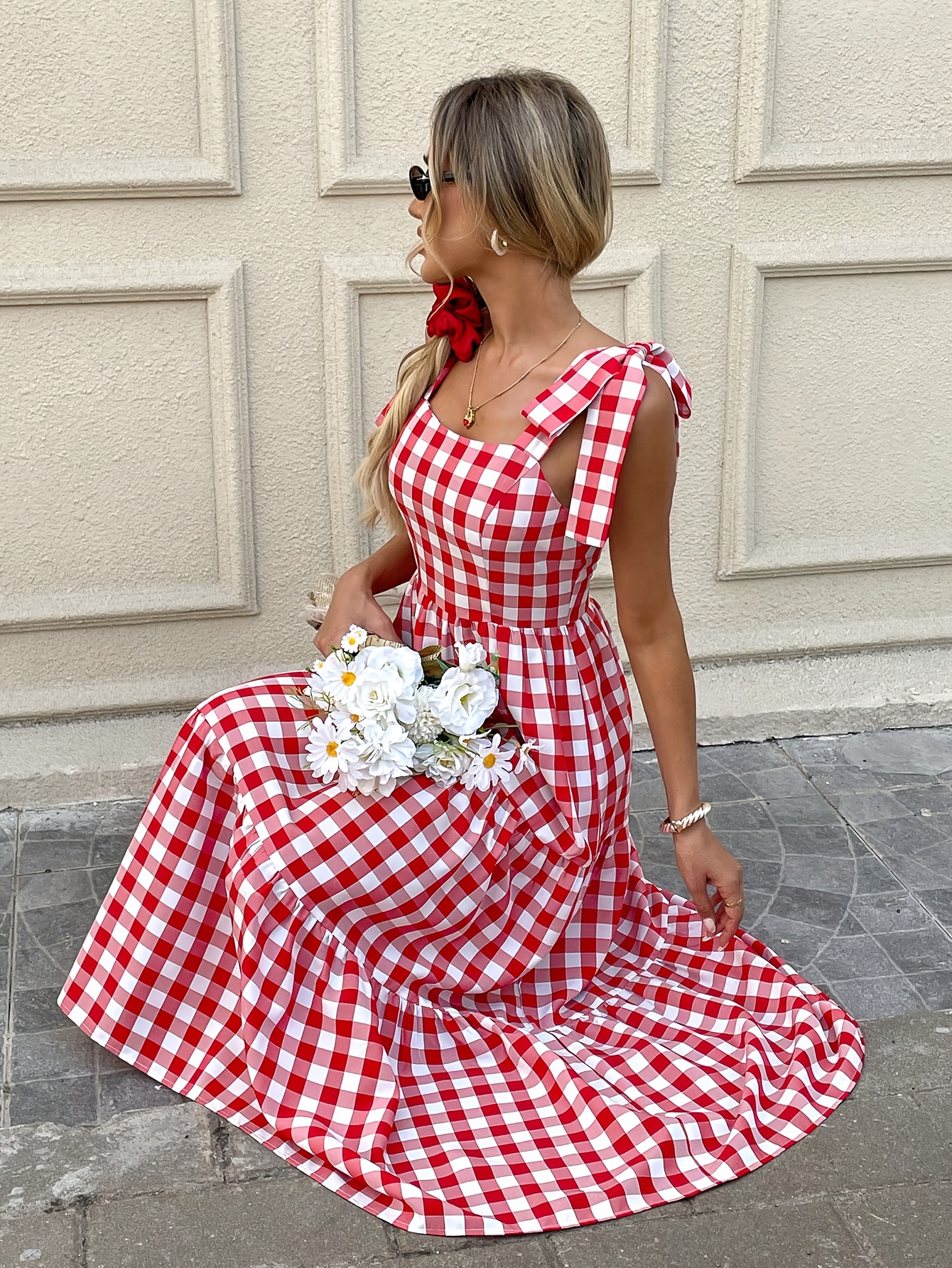 Summer School Uniform Red Gingham Summer Dress Green Checkered Maxi Dress  Gingham Princess Dress Medium Red