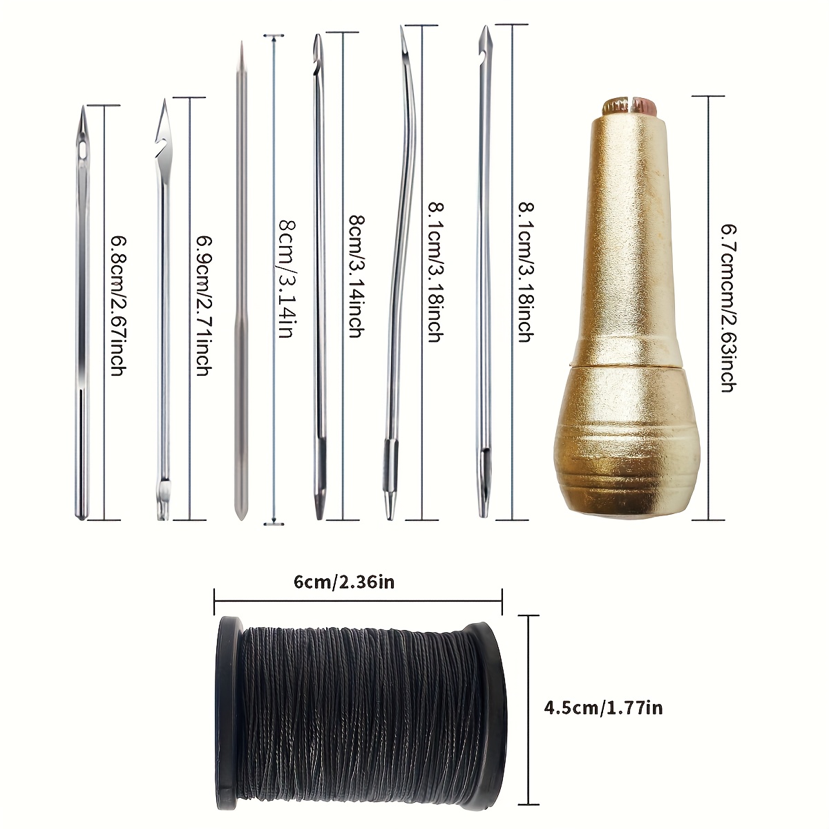 6pcs Leather Sewing Awl Set With Alloy Handles, 50 Meters Of Black Nylon Thread, And 2 Thimbles, For Handcrafted Leather Sewing Tools, Footwear, And Leather Repair