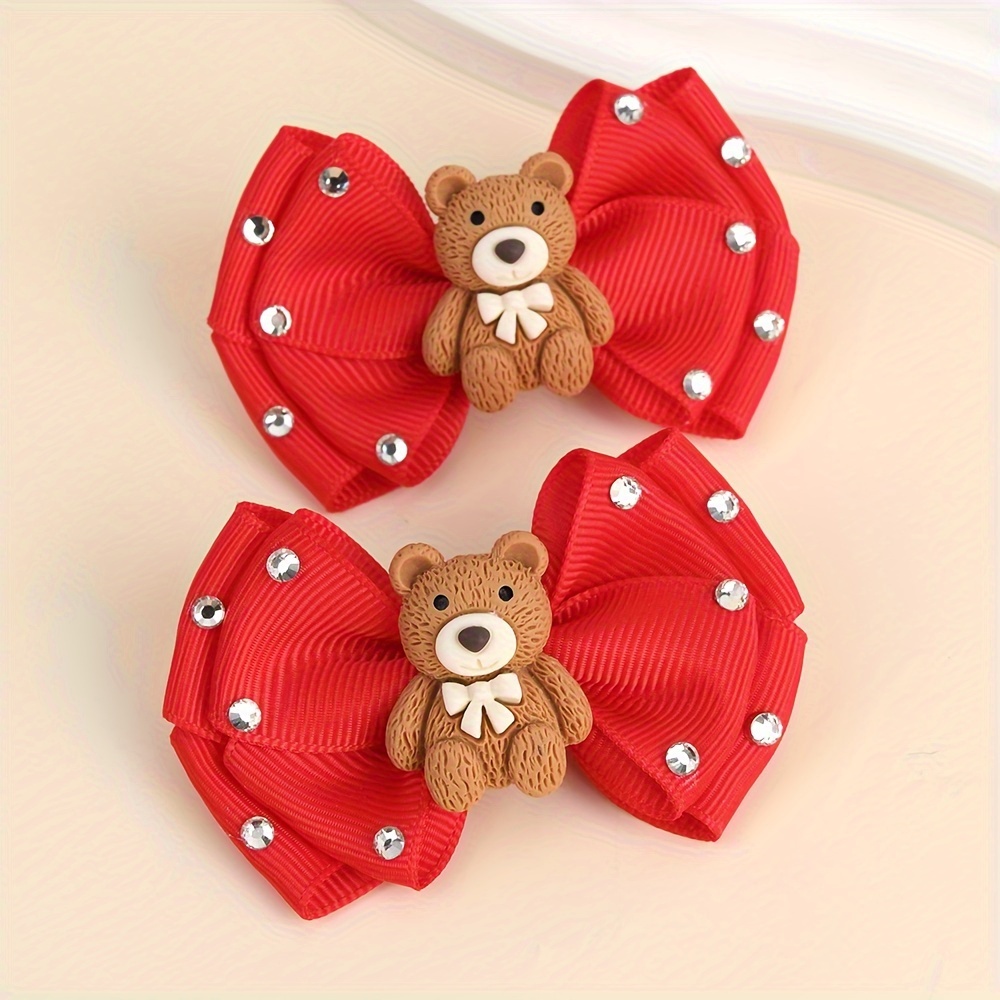 

2pcs Bear Hair Clips For Girls, Red Ribbon Bows With Sparkling Rhinestones, Polyester Fiber, Non-woven, Hair Accessories For Teens