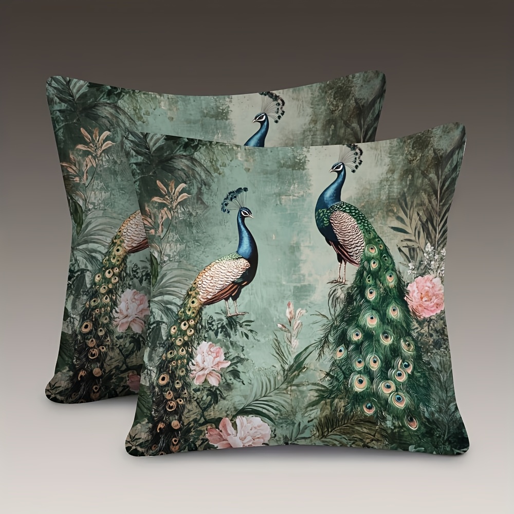 TEMU 2pcs, Two-sided Printing Super Soft Short Plush Throw Pillow 18x18 Inch, Botanical Mural Wallpaper With Pearoosters And A Vintage Roman Forest