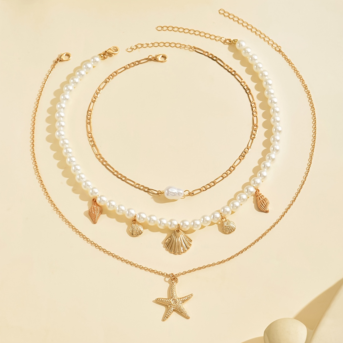 Image of 3pcs Layered Starfish Necklace Beach Jewelry For Women Seashell Shell Necklaces For Women Beach Necklace Artificial Pearl Beaded Choker Necklaces Ocean Jewelry