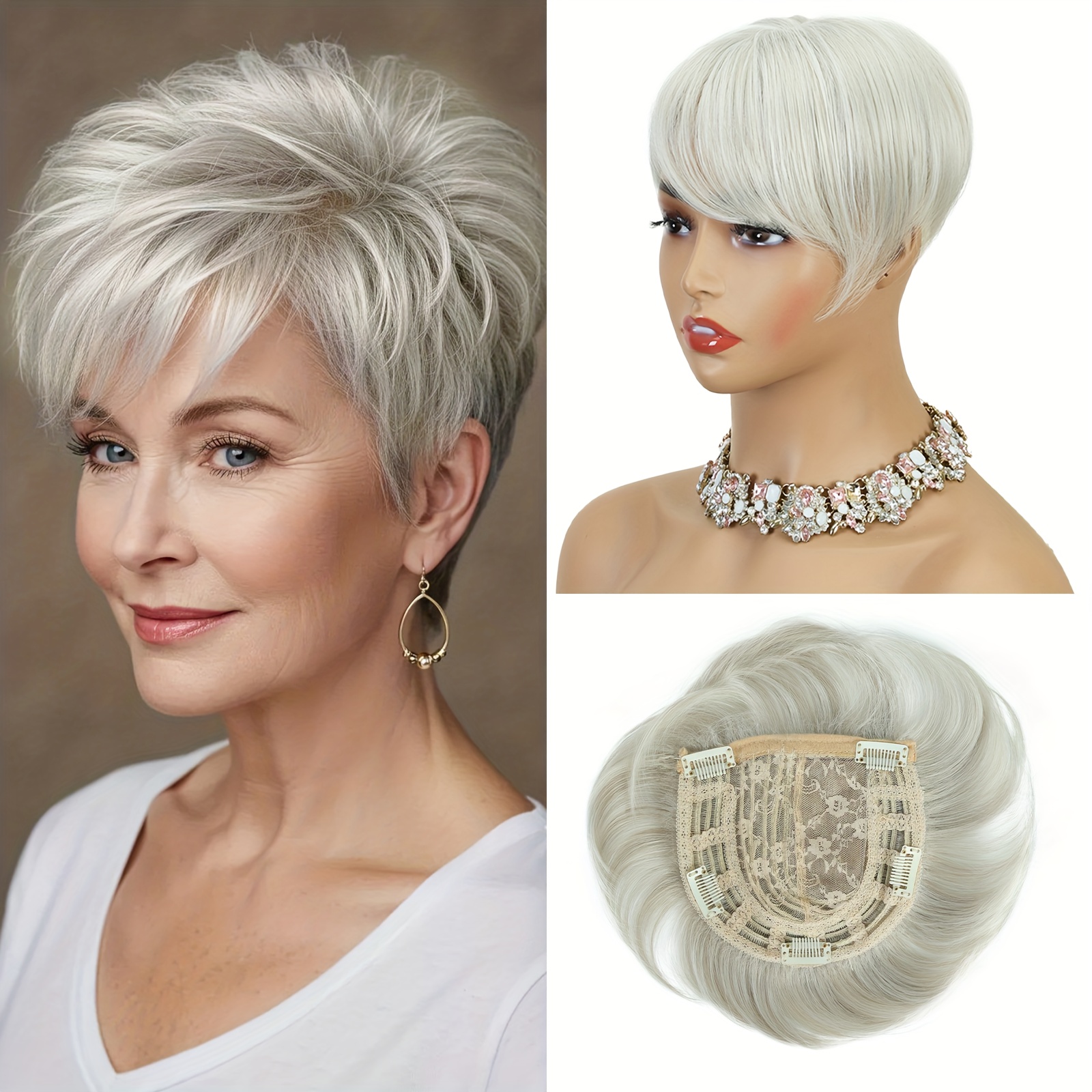 TEMU 6 Inch Gray Short Hair Topper For Women With Thinning Hair Toppers With Bangs Fluffy Magic Topper Light Blonde Top Hairpieces For Women Daily