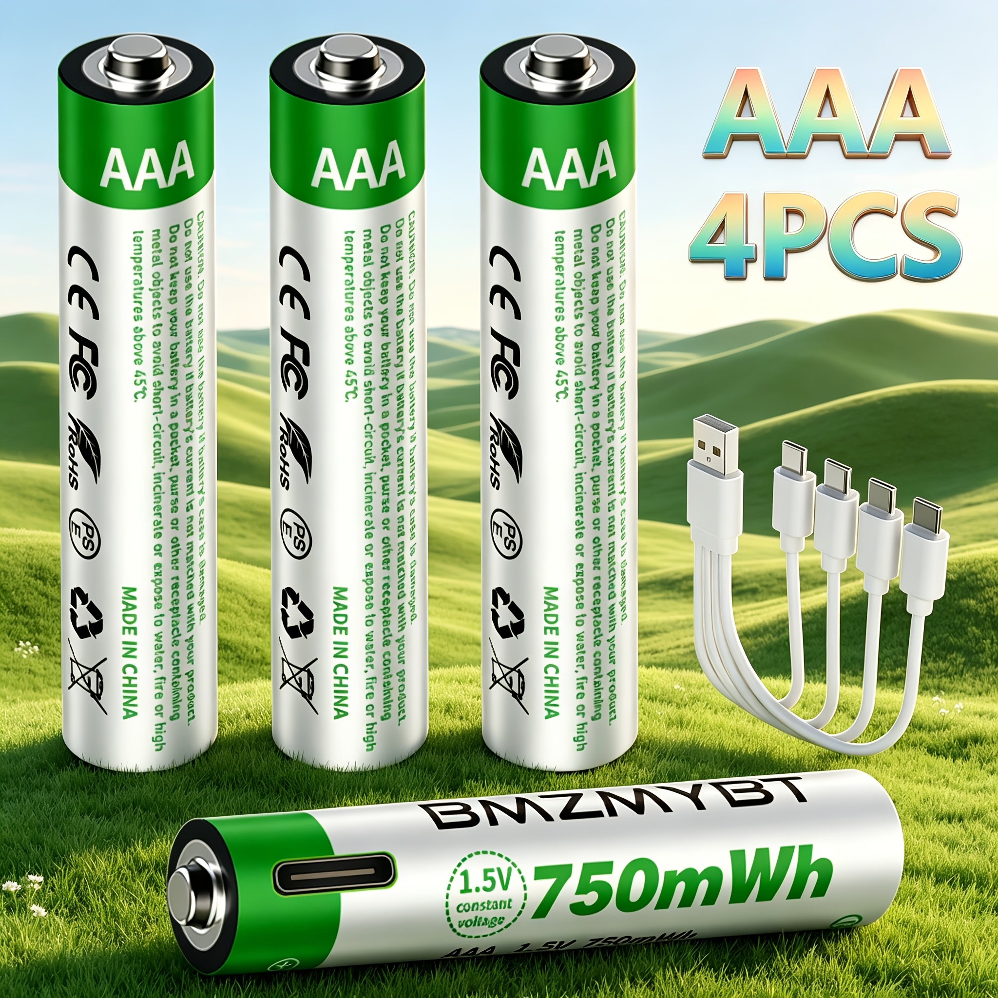 4 AAA baterij, USB/Type-C AAA polnilne litij-ionske baterije, visoka kapaciteta 1.5V 500mAh 750mWh polnilna litijeva baterija, 1.5 ur hitro