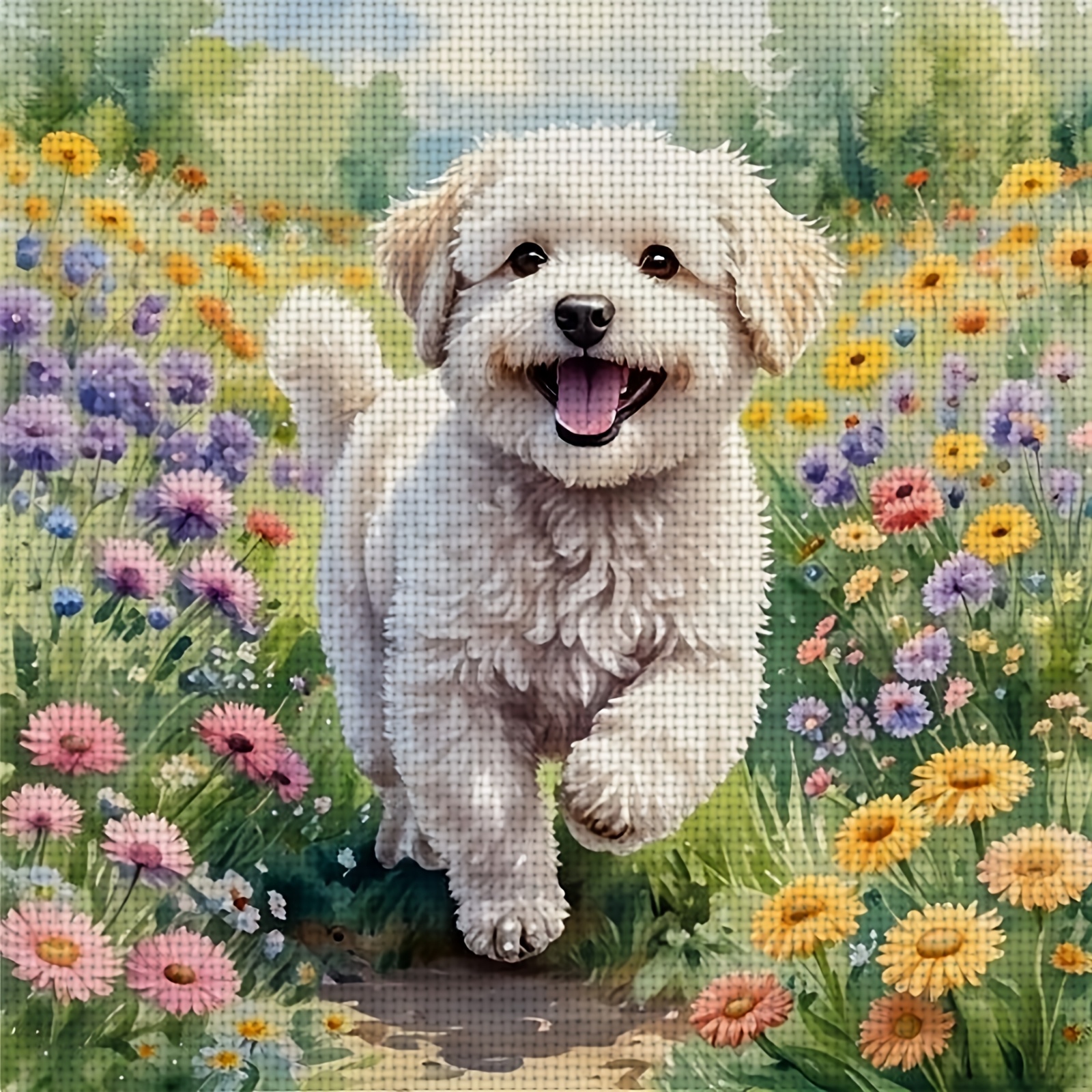 TEMU 1pc Frameless 11ct/14ct Print Fabric Stitch Diy Kit Suitable For Adults & Beginners - White Puppy Running In With Complete Kit (needle, Thread,