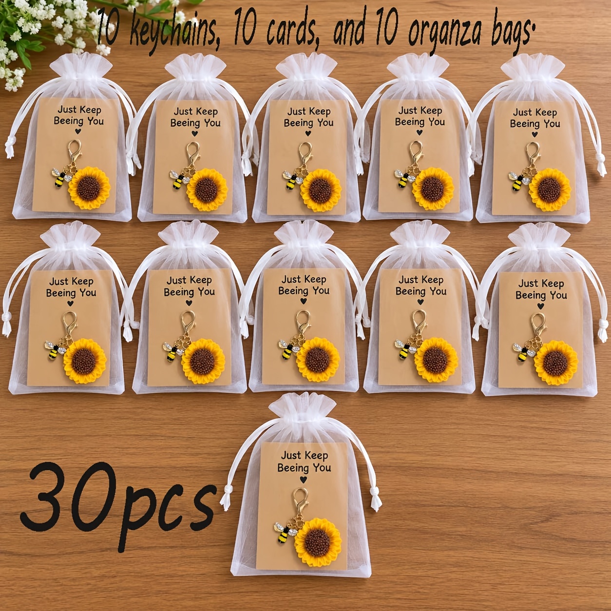 TEMU 30pcs[10pcs Cards+10pcs Keychains+10pcs Sandbags]honeybee Sunflower Keychain Gift Set, Includes Thank-you Cards And Organza Bags, Pun-themed