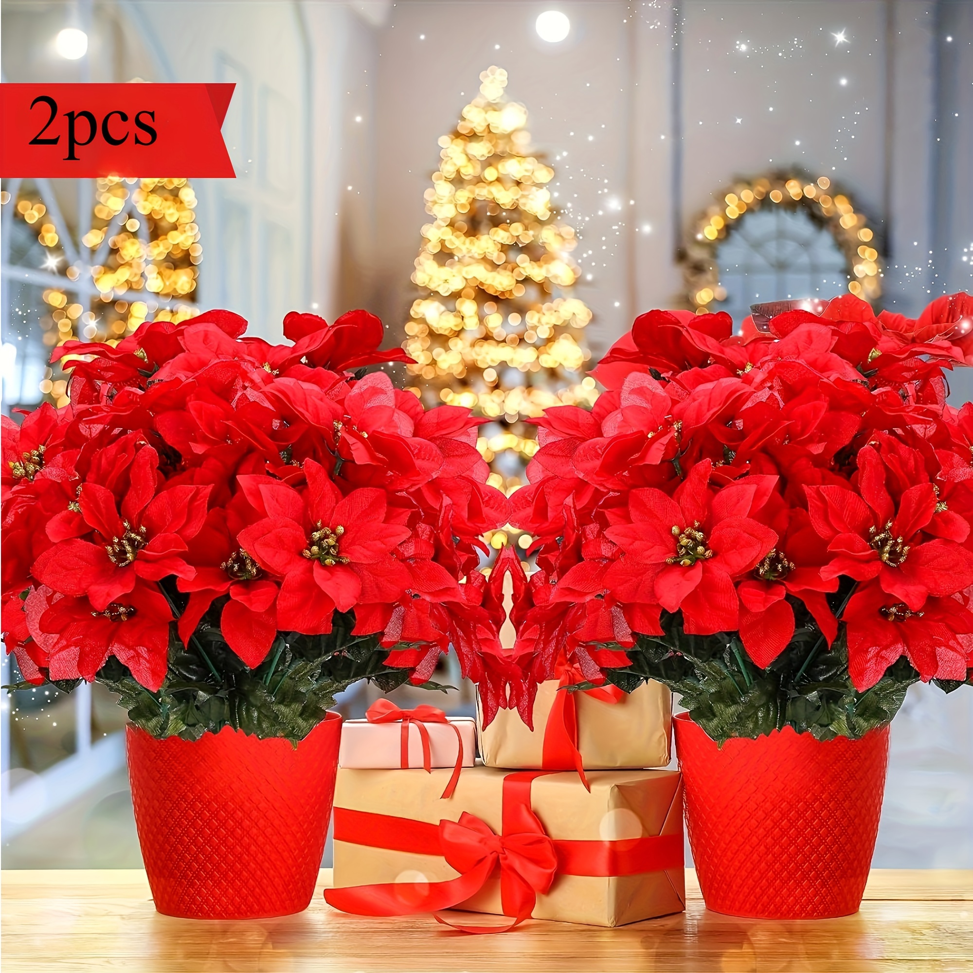 

2 Pack Artificial Poinsettia Flowers - Plastic Red Christmas Poinsettia Plants, Per Cluster, Fake Poinsettia Used For Home Decor, Table Centerpieces, Christmas Trees, Wedding Decorations