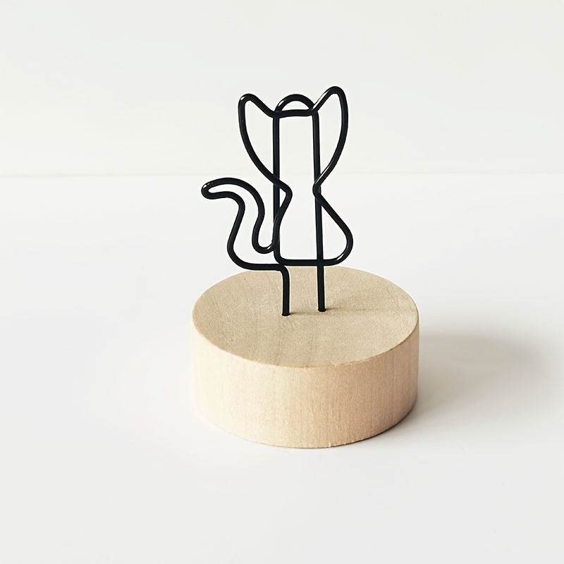 Image of 1pc Black Cat-shaped Metal Card Holder With Wooden Base - Elegant Desktop Message Clip For Office And Home Decor, Message Display Clip|romantic Decor|iron Construction