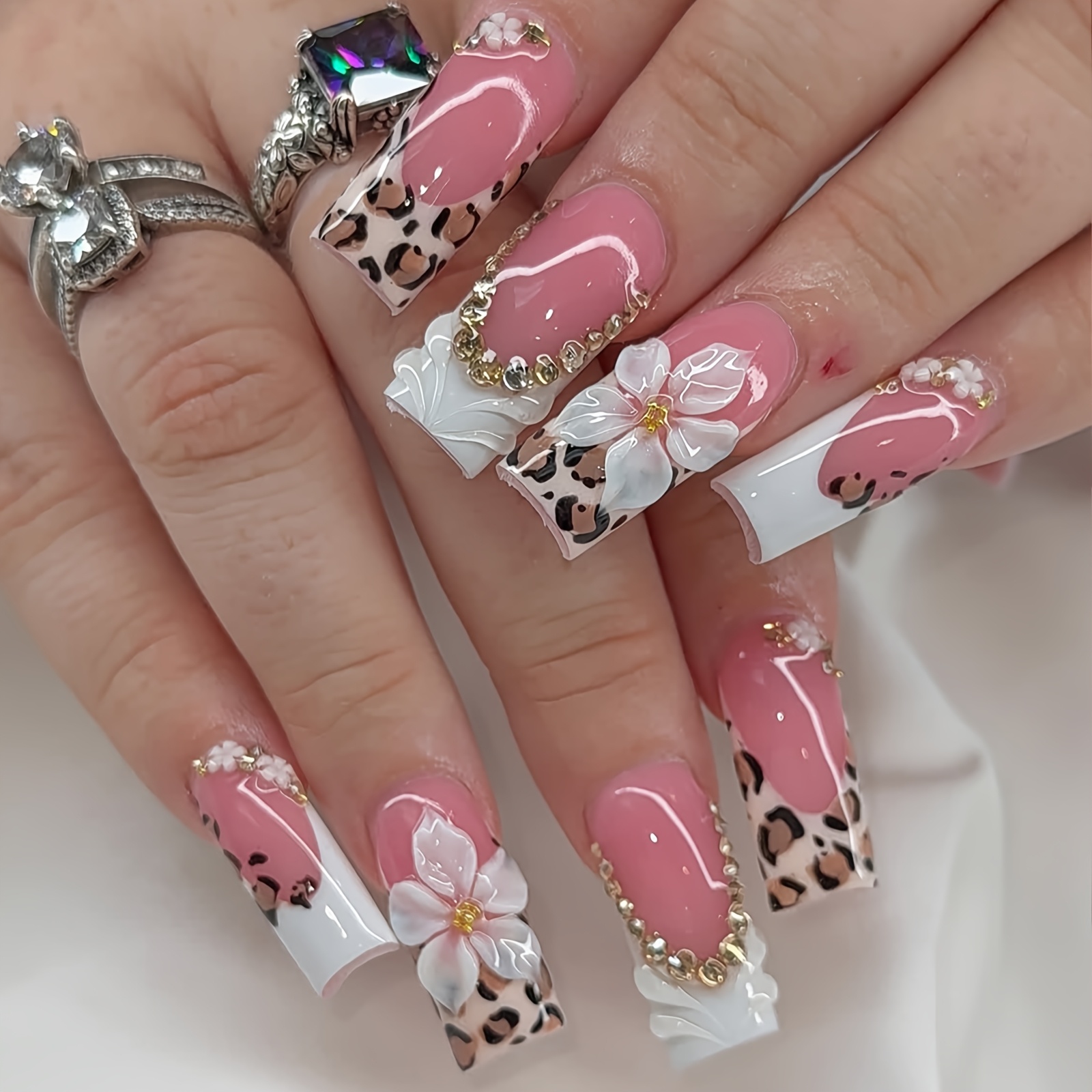 New Long Square Leopard Print French Edge Fake Nails Carving Design Rhinestones Steel Beads Decoration Complex Press-on Nail Art Stickers