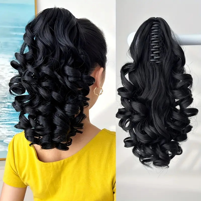 Image of Claw Clip Ponytail Hair Accessory, Dark Brown, , Black, Options, 14 Inches Long, Curly Wavy, Heat-resistant Synthetic Fiber Ponytail Hairpiece, Suitable For Women' Use, Daily Hairstyle, Quick