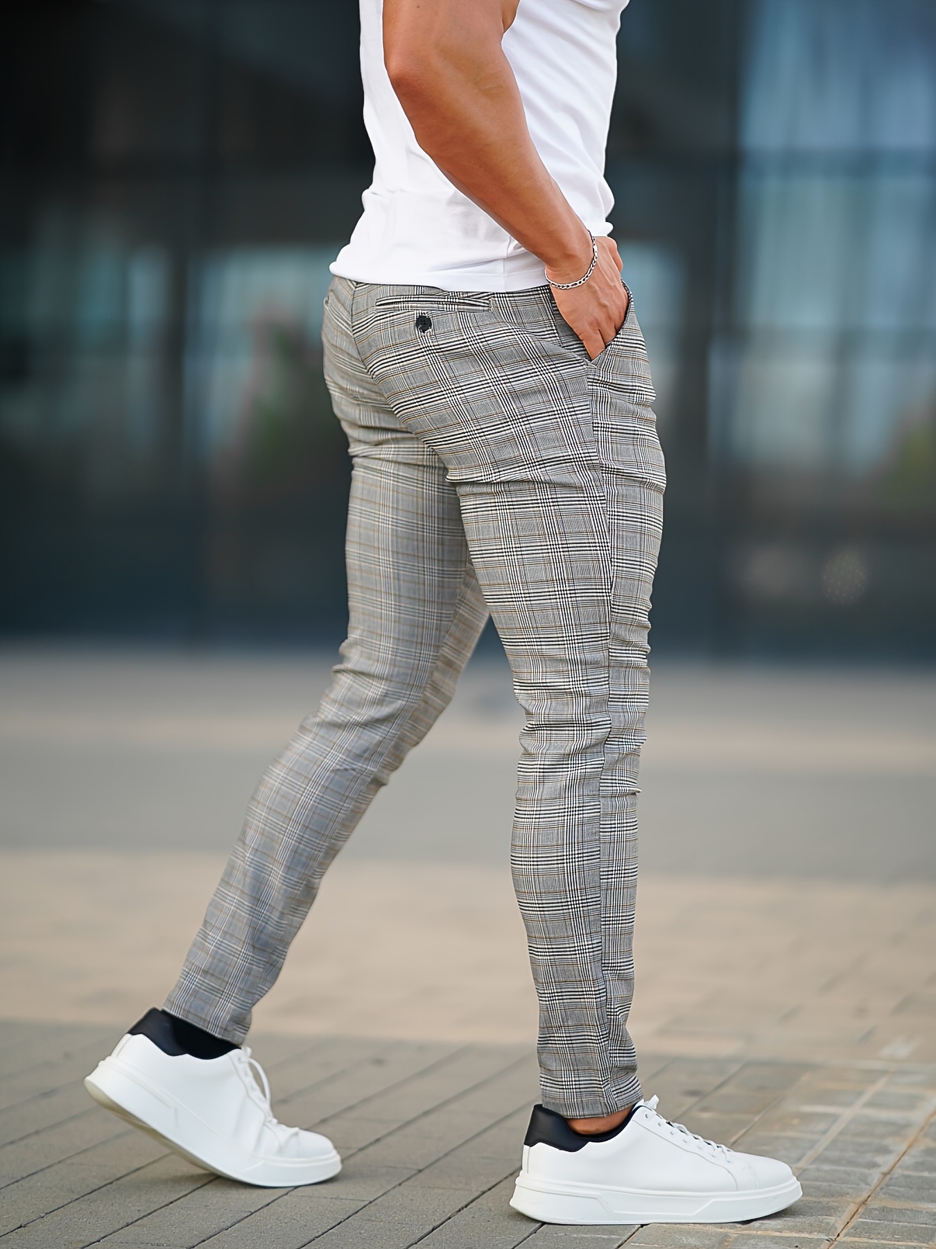 Men's Elegant Gray Plaid Slim-Fit Pants with Pockets - Breathable Viscose Blend, Stretch Fabric for Comfort, Ideal for Casual & Outdoor Activities, All-Season Wear