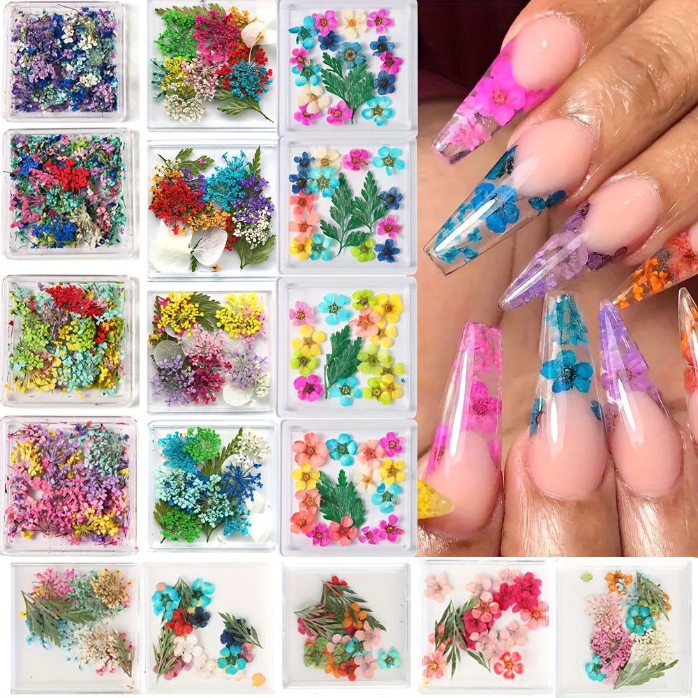 TEMU 17 Box 3d Dried Flower Nail Charms Kit - Vibrant Self Adhesive Stickers Forglamorous Nail Art, Salon-quality At Home - Choose Long-lasting, Easy Application Decorations