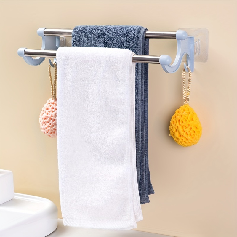 Image of 1pc Double Rod Towel Bar, Stainless Steel Towel Rack For Bathroom, Wall Mounted Towel Holder, Towel Storage Shelf, Bathroom Accessories, Bathroom Storage And Organization