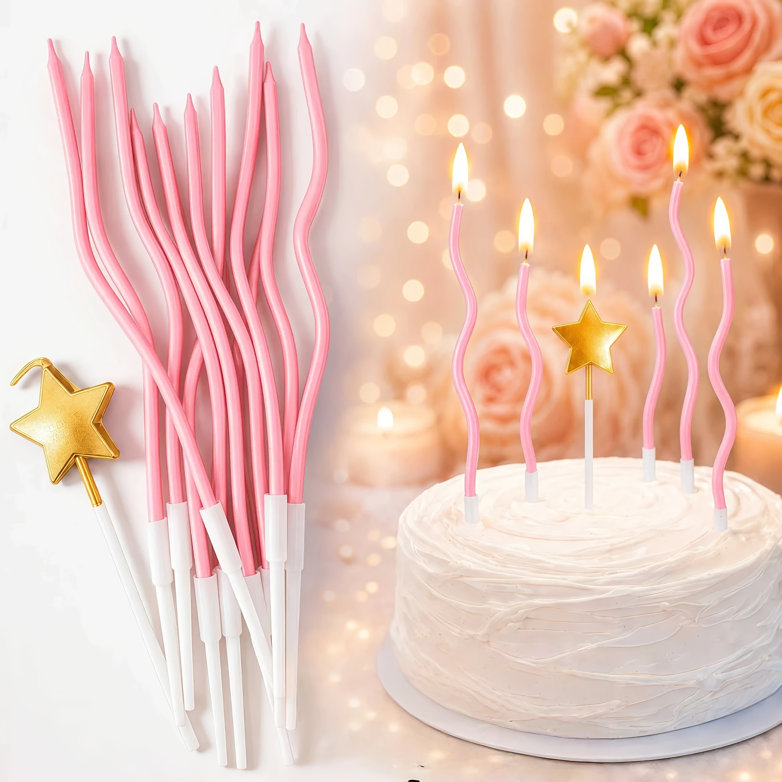 TEMU 13pcs Birthday Candle Set - Contains 12pcs Pearl Powder And 1pc Cake Insert, Elegant Party Cake Decoration