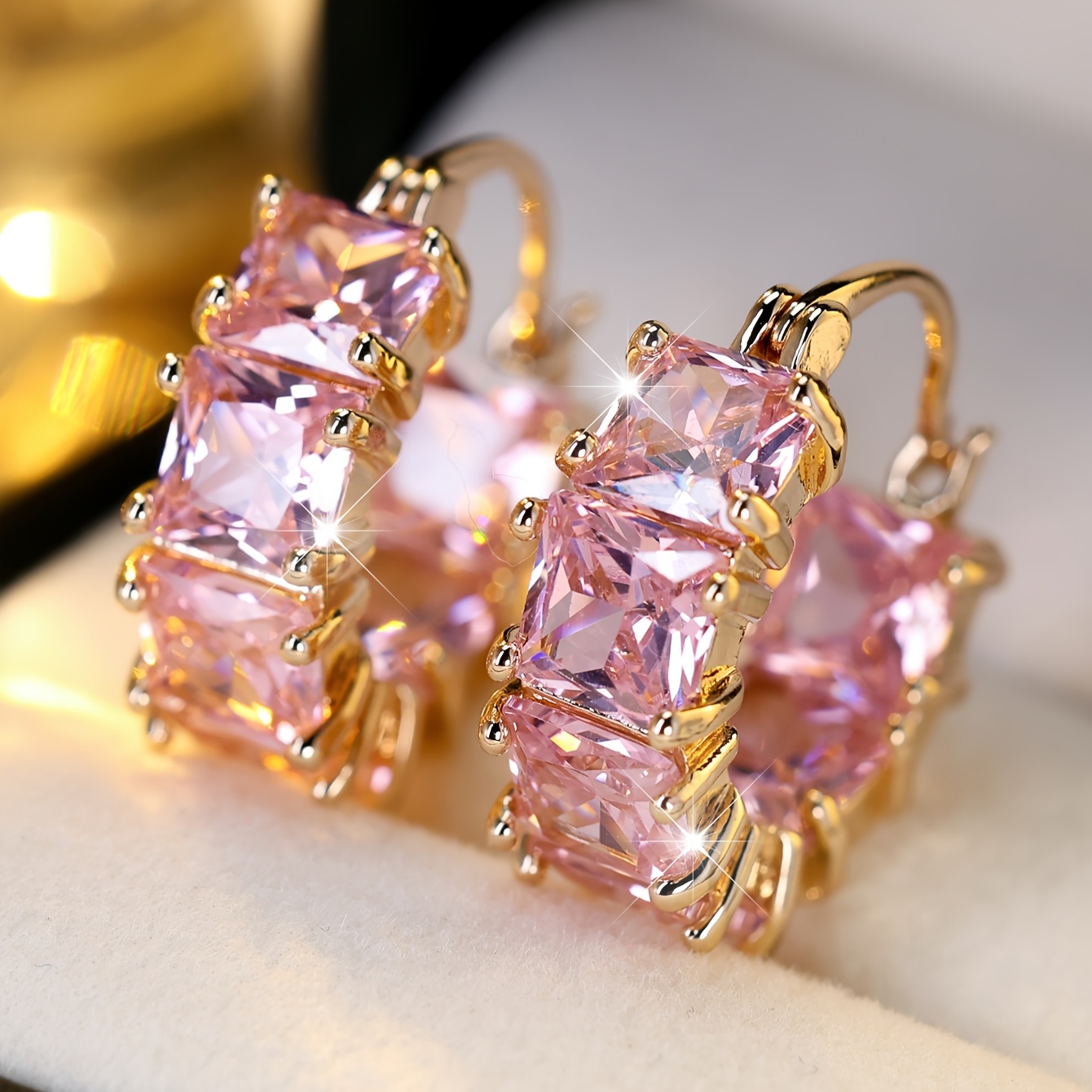 

Elegant Style Pink Cubic Zirconia Hoop Earrings, Copper With Synthetic Zirconia, For Party And Wedding , Wear