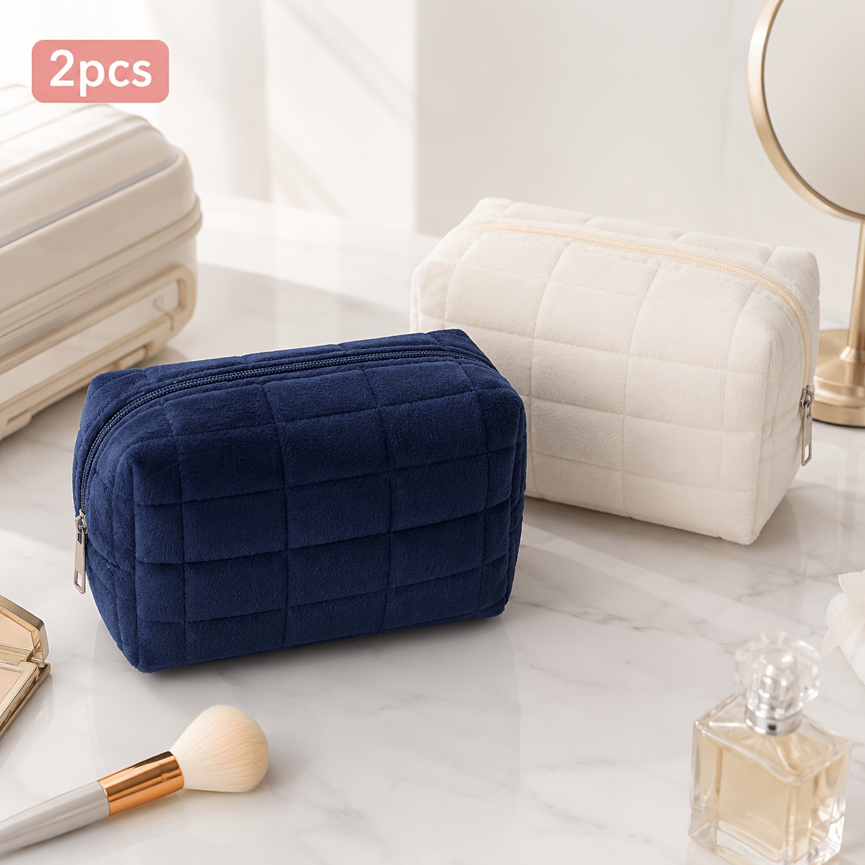 TEMU 2-pack Soft Checkered Makeup Bags, Large Capacity Portable Cosmetic Storage Bags, Multifunctional Travel Skincare And Toiletry Bags, Cute Zipper