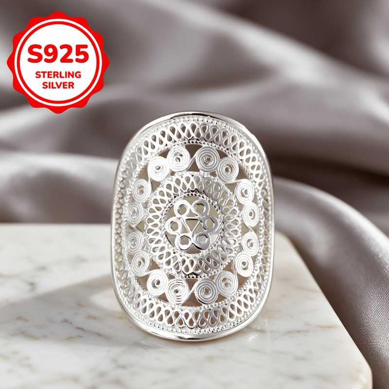 Women's 925 Sterling Silver Hollow Lace Flower Adjustable Ring