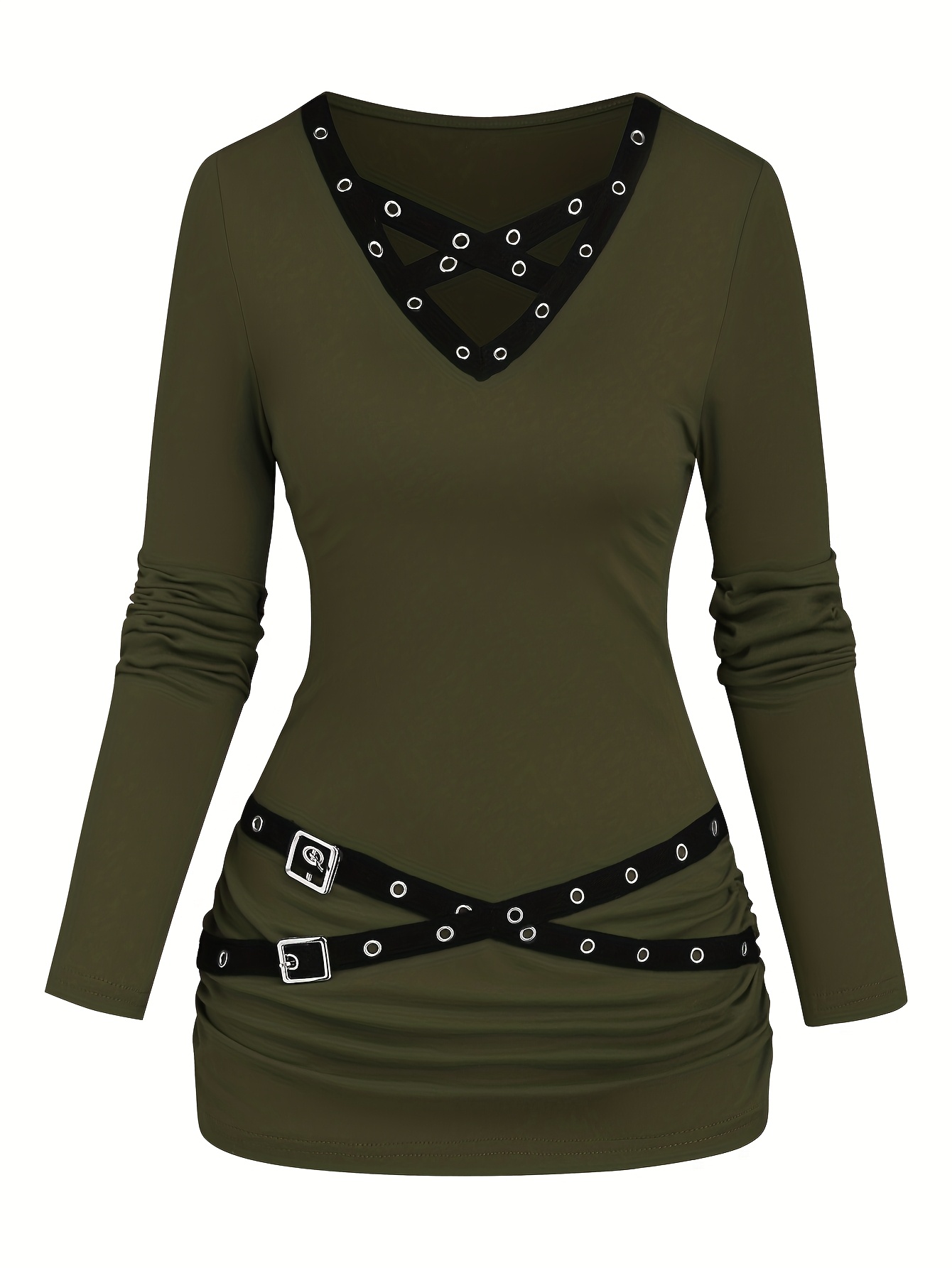 Color: Olive Green Plus Size Women's Autumn/Winter Solid Color Metal Eyelet Ribbon Cross V-Neck Long Sleeve Pleated Design Slim Fit Casual Cute Fun T-Shirt (Copy)