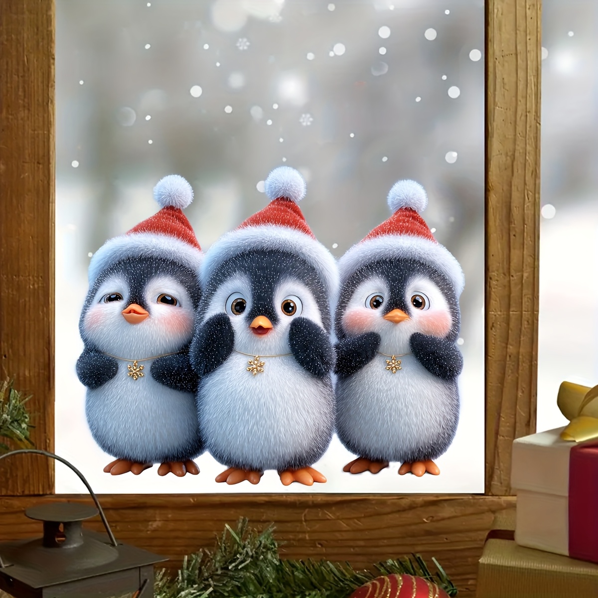 TEMU 1pc Christmas 3pcs Cute Penguin Santa Hat Window Stickers, Removable Snowflake Ornaments Glass Decals, Winter Animal Window Decor, For Home